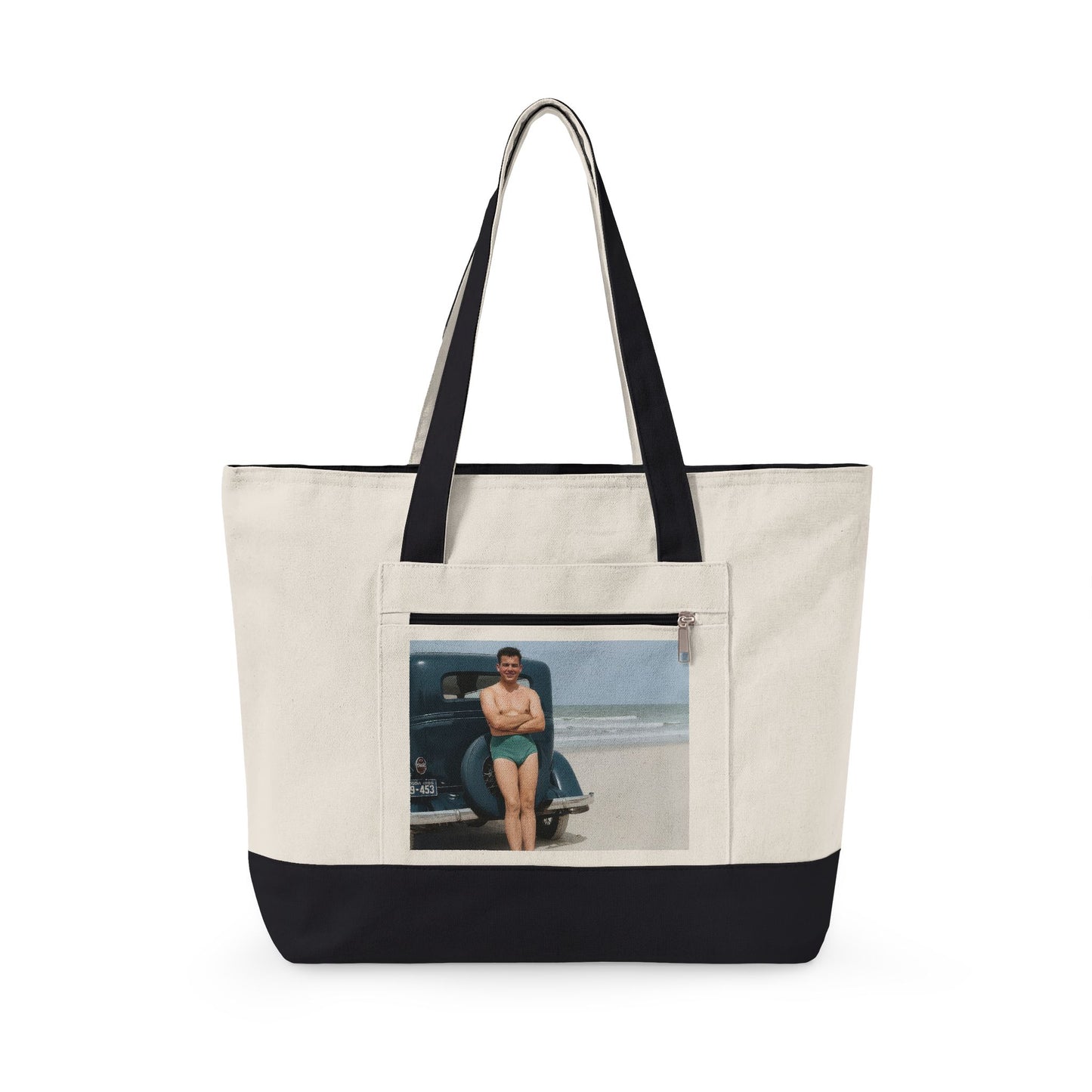 young man beside classic car beach canvas tote 
