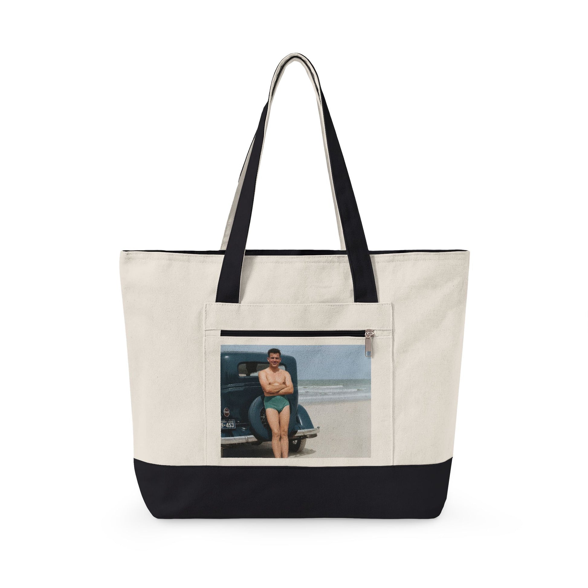 young man beside classic car beach canvas tote 