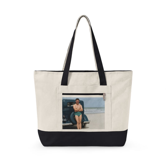 young man beside classic car beach canvas tote 