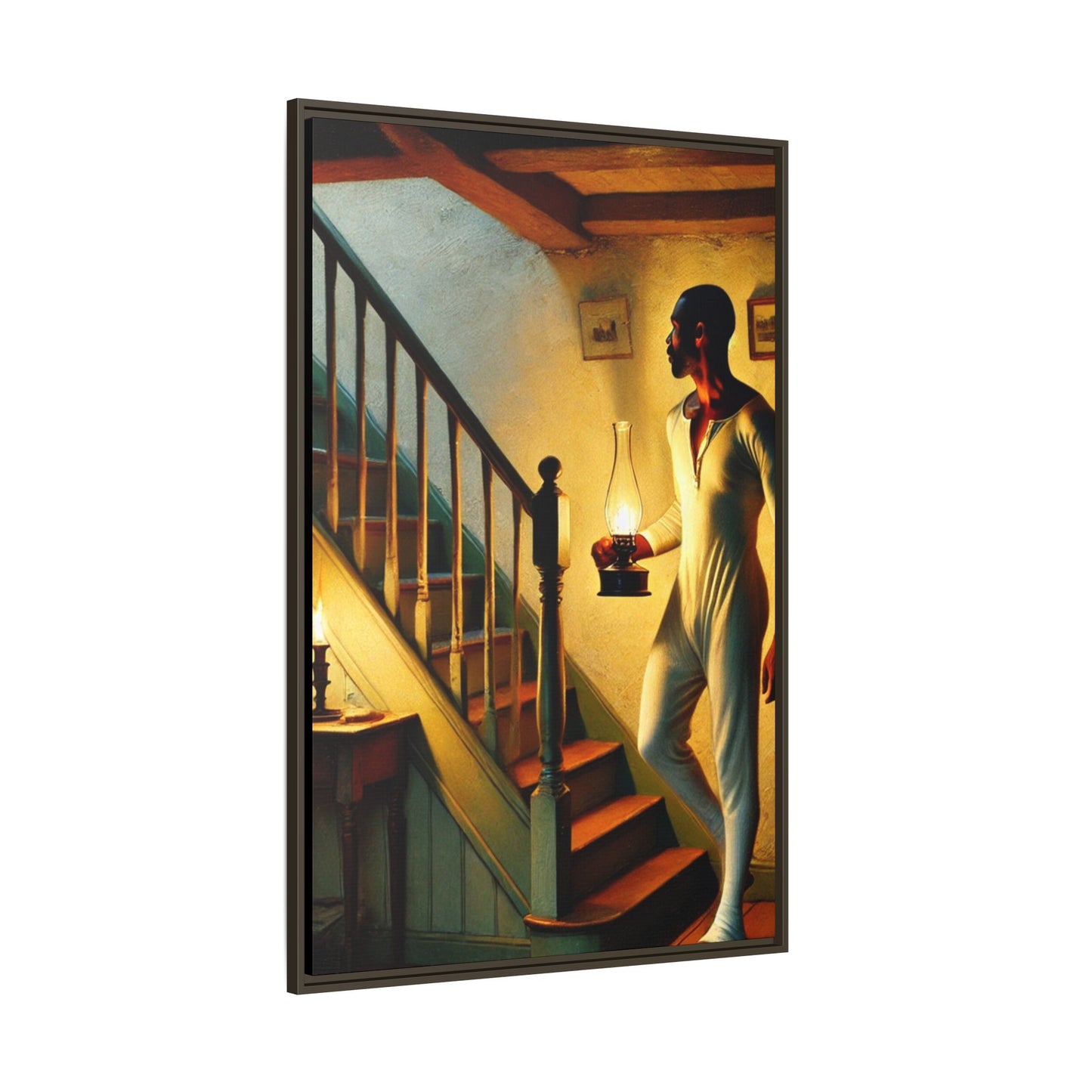 Framed artwork of an African-American man holding a lantern on a staircase, inspired by Grant Wood's style.