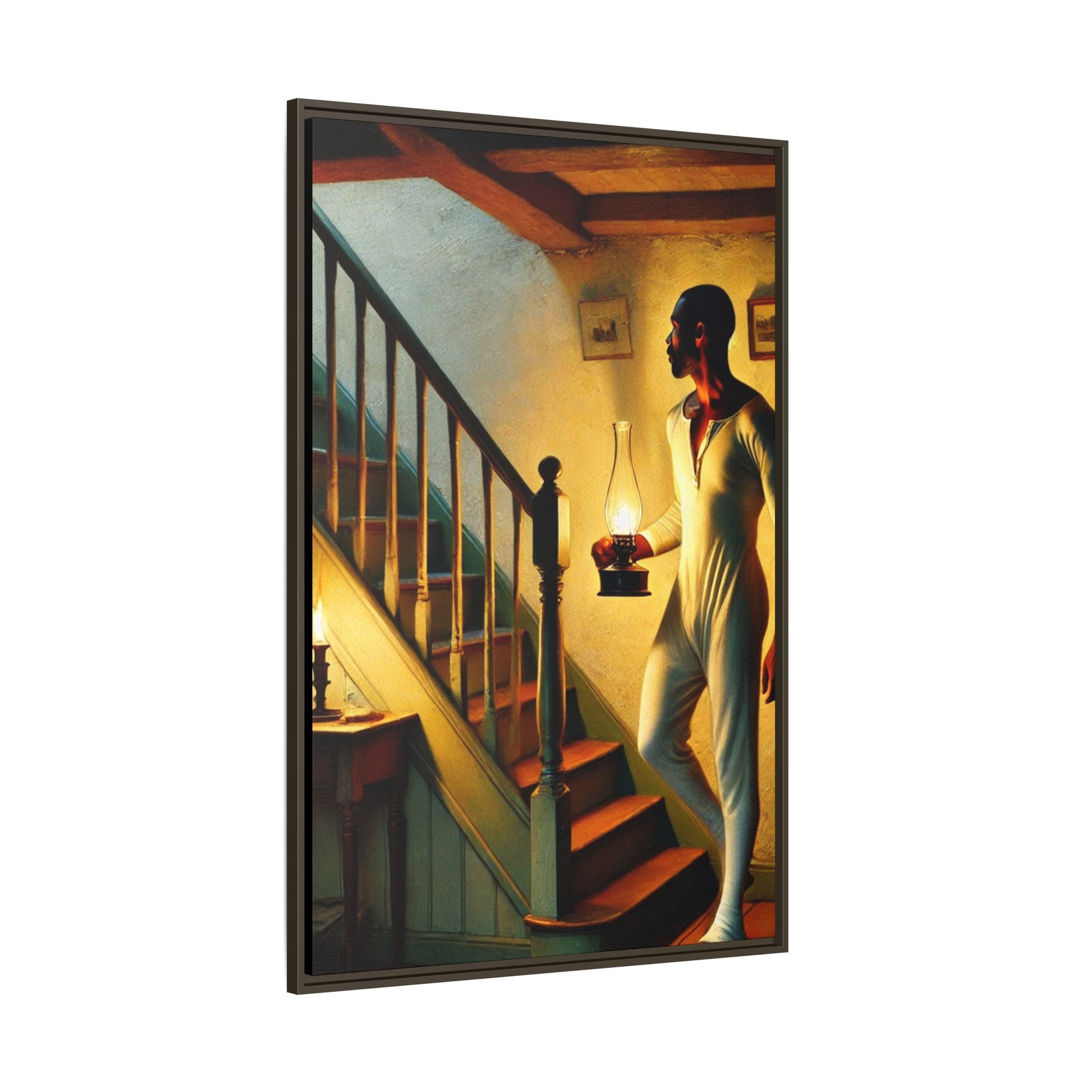 Framed artwork of an African-American man holding a lantern on a staircase, inspired by Grant Wood's style.