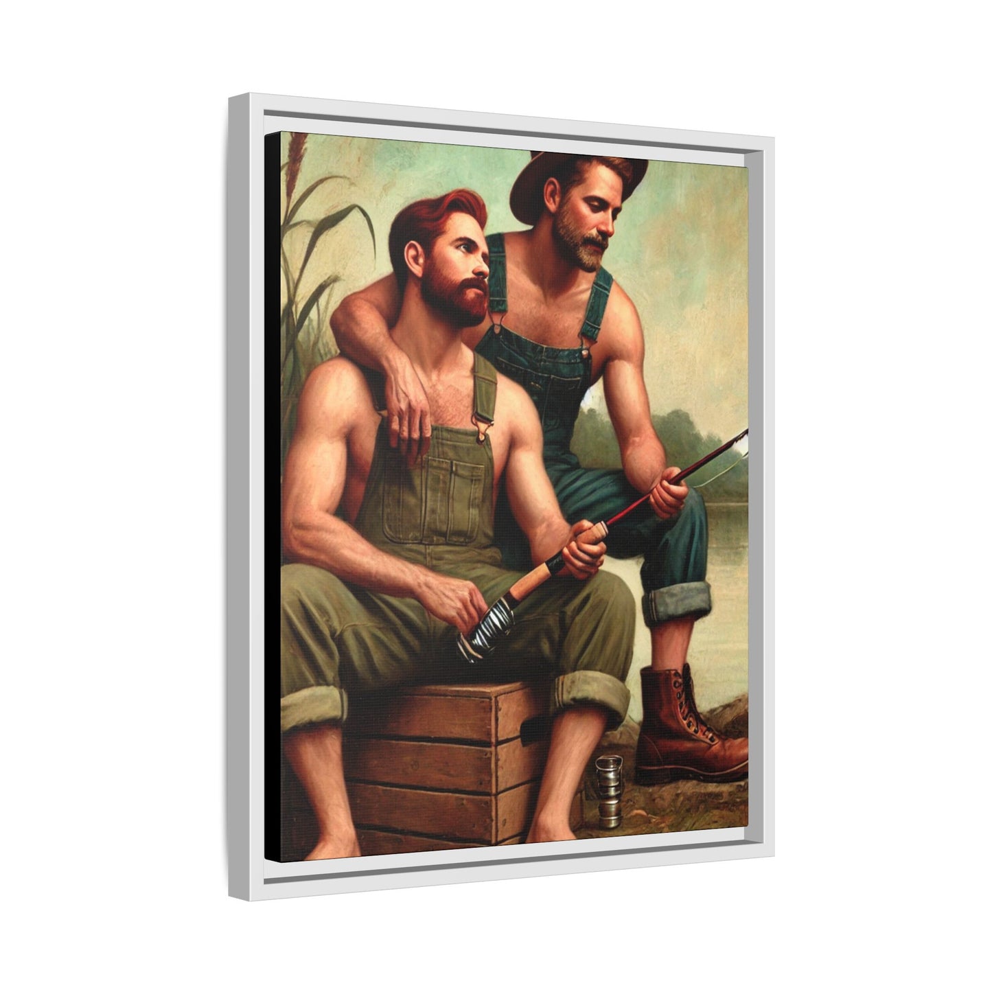 Vintage-style artwork of a gay couple fishing by a tranquil lake in the 1930s, celebrating love and nature.