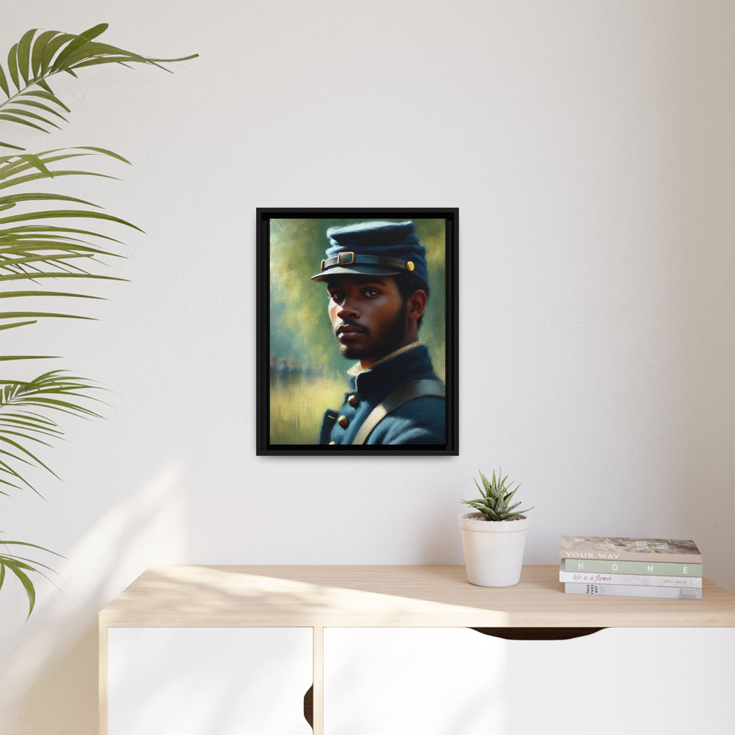 Portrait of an African American Civil War Union soldier in a kepi and navy wool coat, inspired by Walt Whitman’s Drum-Taps, honoring bravery, sacrifice, and resilience.