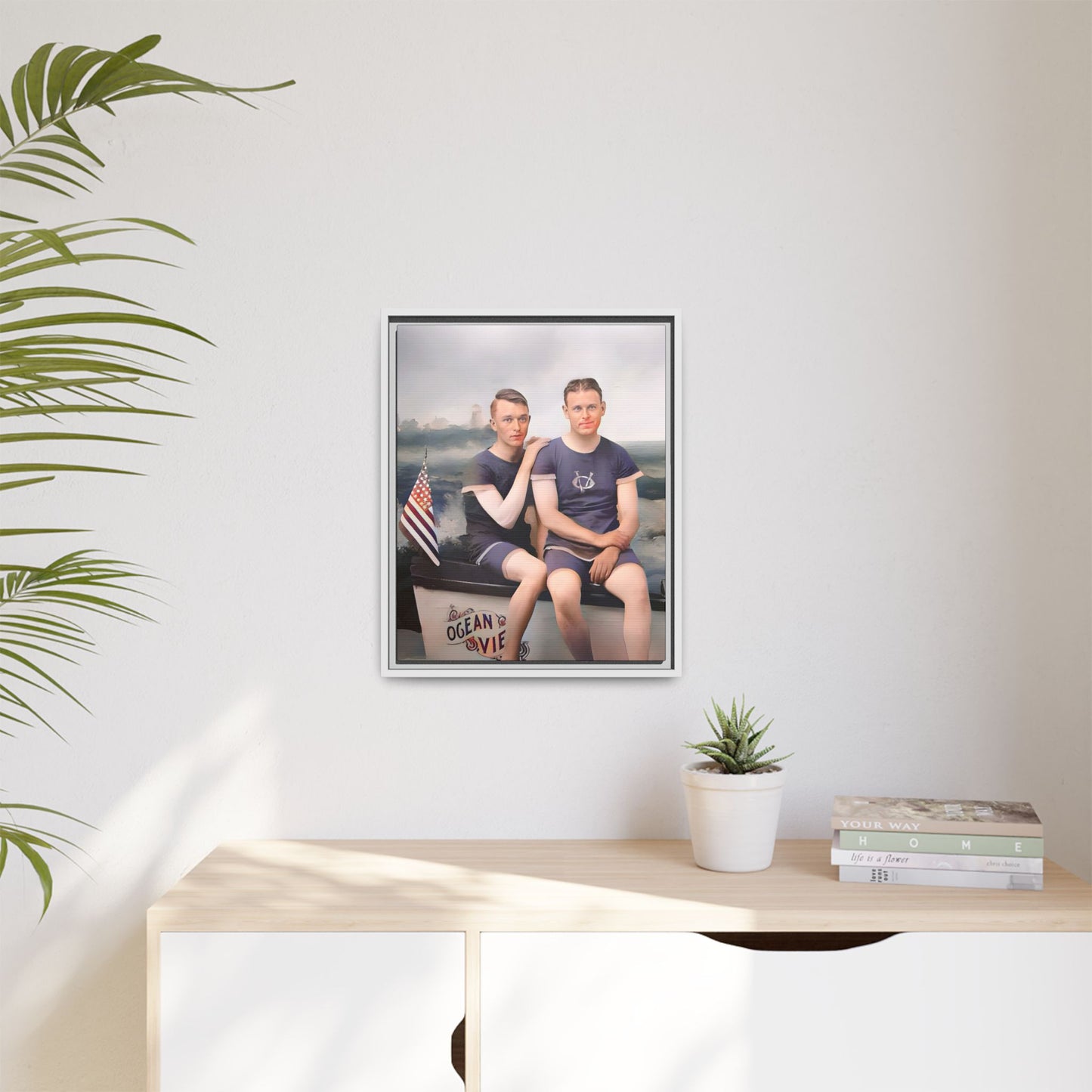 Restored vintage 1920s photo of Lee & Gerald, a gay couple in nautical swimwear by the ocean in Jacksonville FL, framed canvas art.