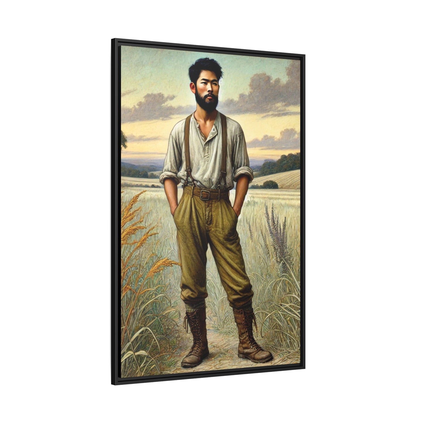 Framed artwork of an Asian-American farmer in 19th-century attire, inspired by Walt Whitman’s Leaves of Grass and Song of Myself, set against a serene rural backdrop of golden wheat fields and rolling hills.