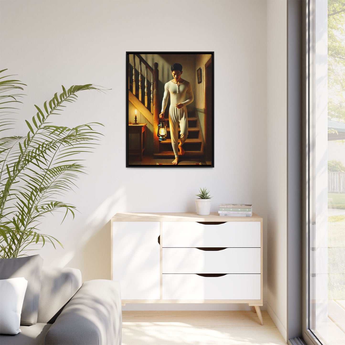 Framed artwork of an Asian-American man wearing long johns underwear holding a lantern on a staircase, inspired by Grant Wood’s style.