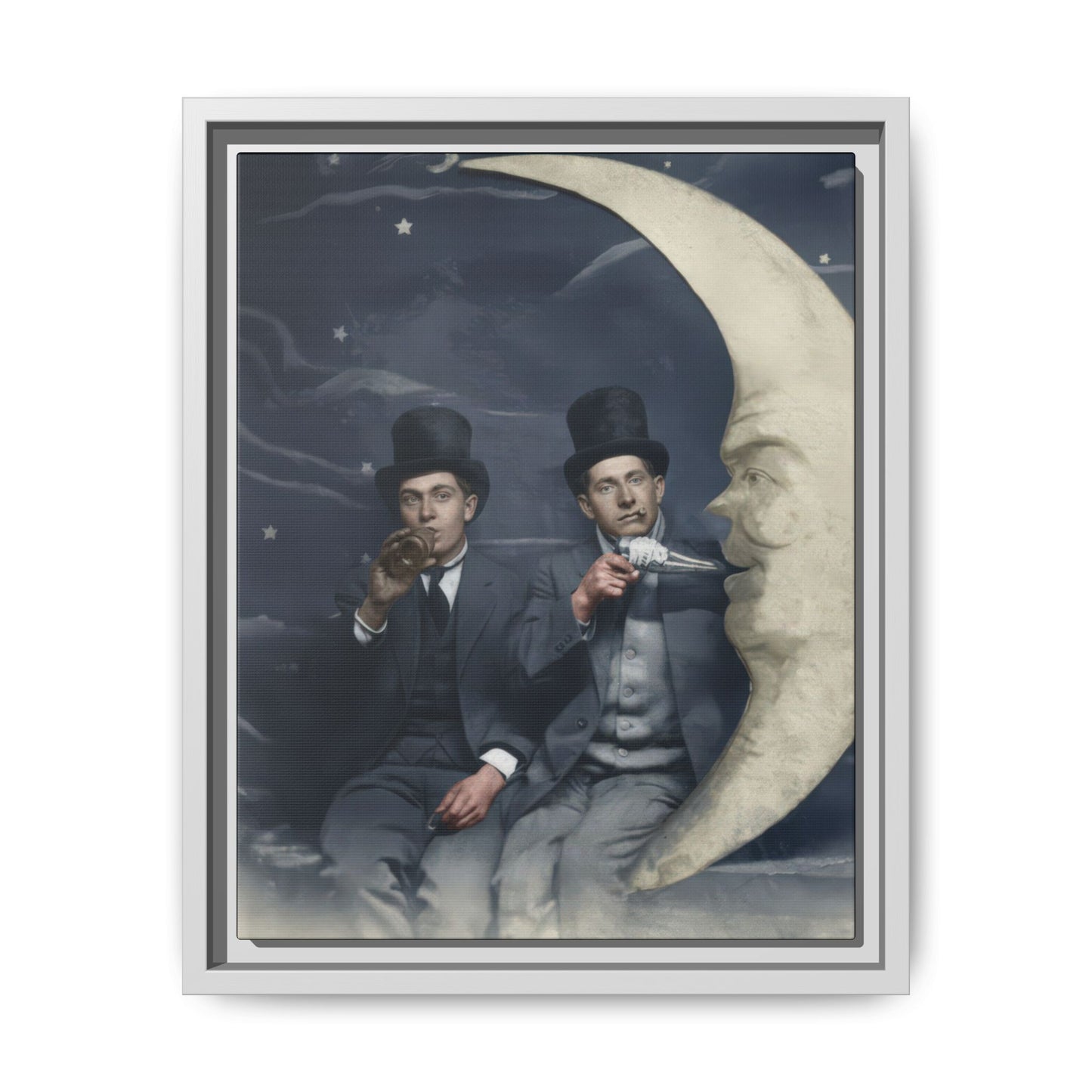 historic portrait two men with crescent moon theatrical backdrop