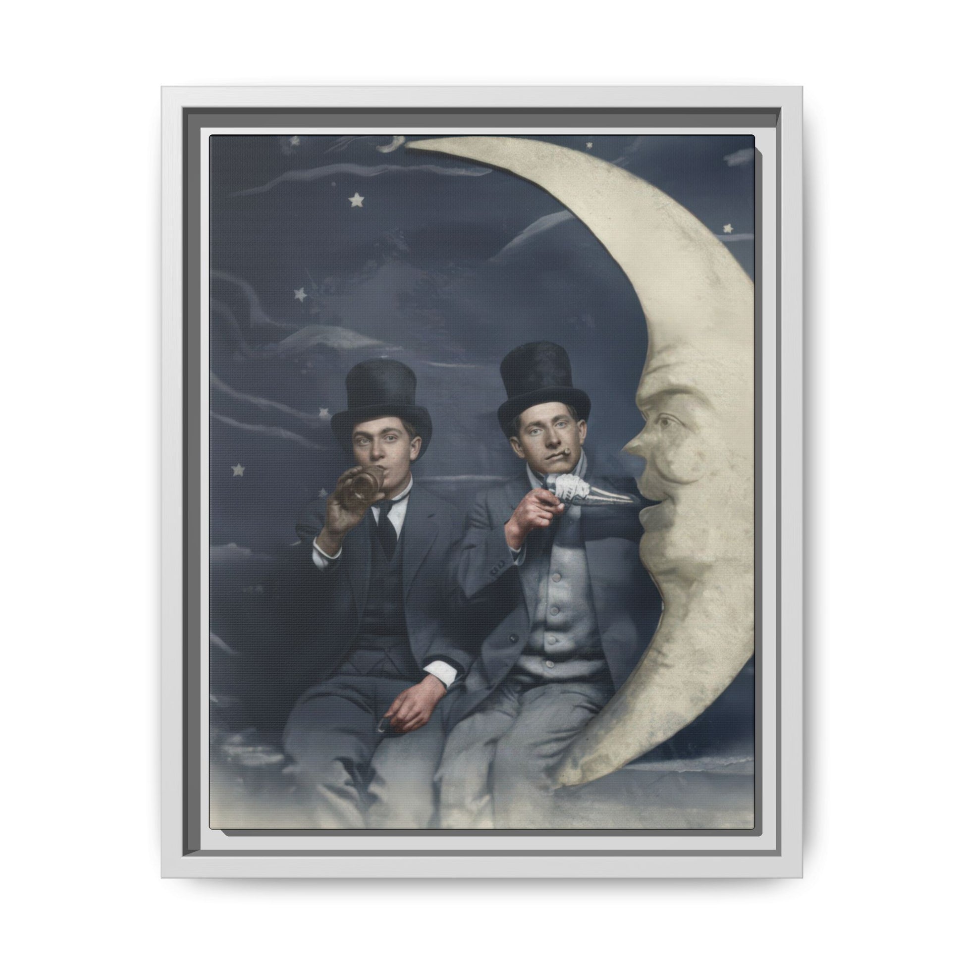 historic portrait two men with crescent moon theatrical backdrop