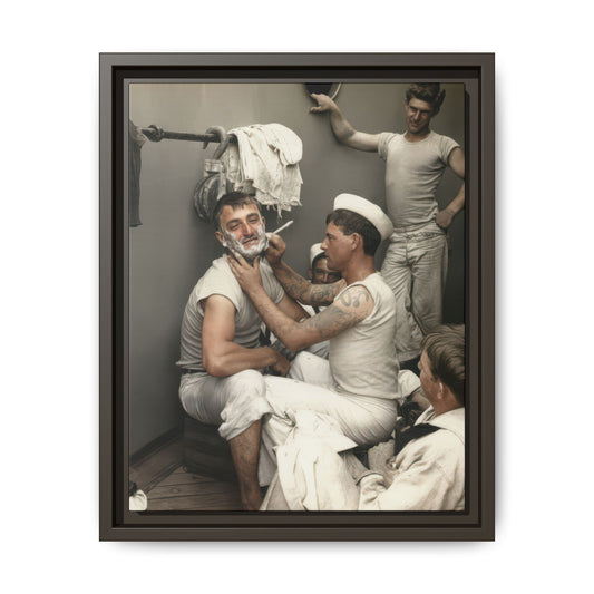 Men in pale clothing gathered around a shaving pair beneath towels draped over a metal bar, with a round opening in the wall behind.