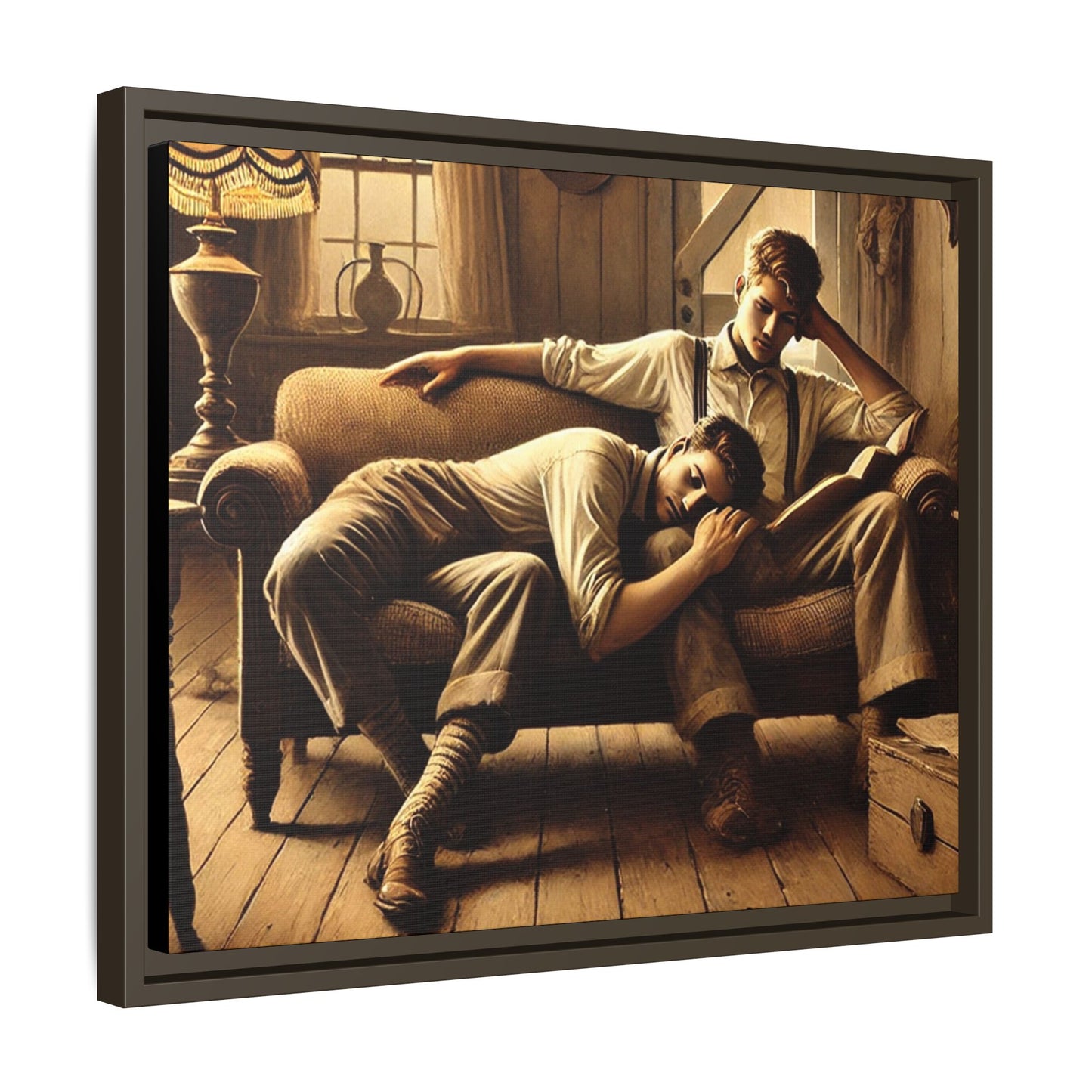 Art of a gay couple relaxing on a sofa in a rustic living room, inspired by Grant Wood’s Americana style.