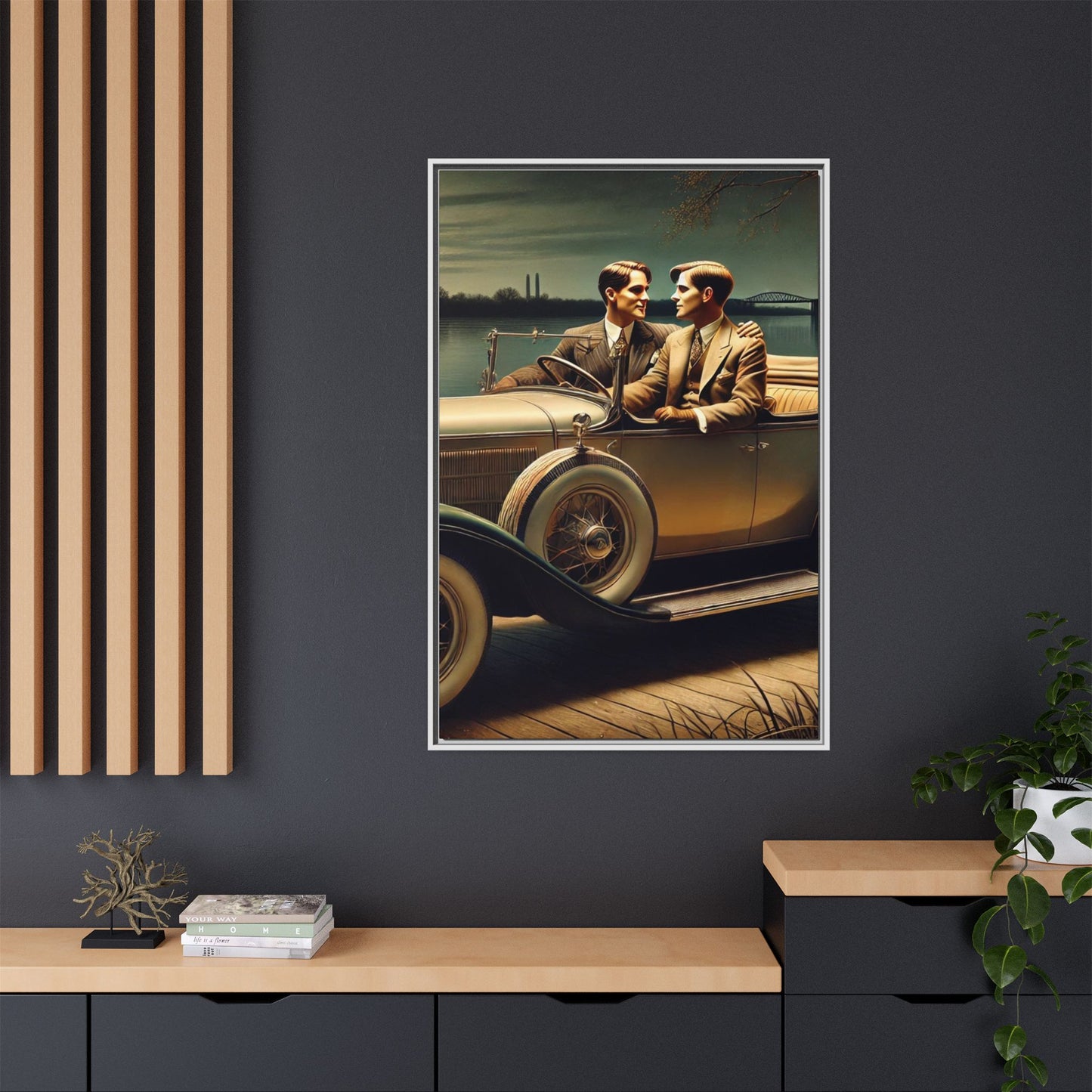 Vintage-style artwork of a gay couple in a 1930 Packard car by the Mississippi River under moonlight, celebrating love and history.