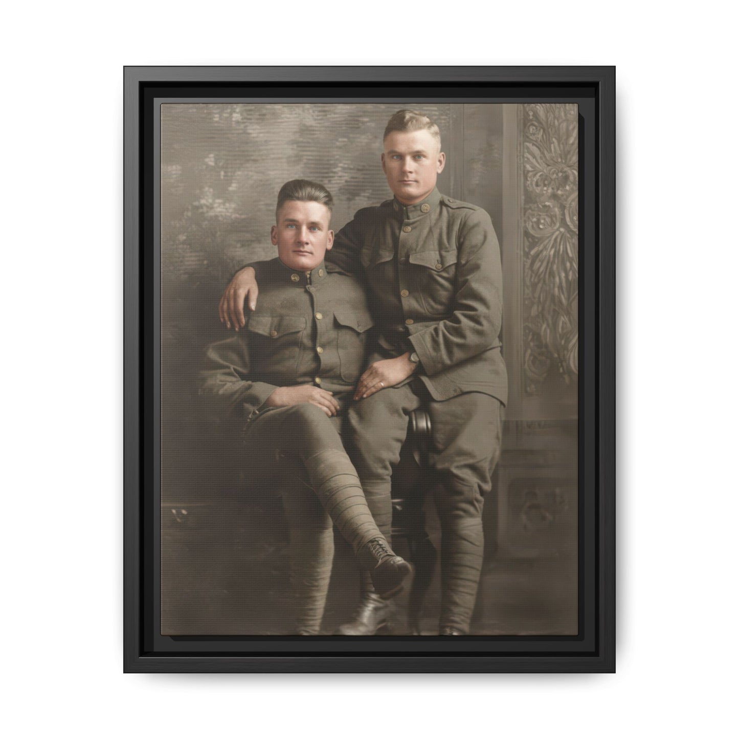 Early 20th century portrait of two uniformed men posed in formal studio setting