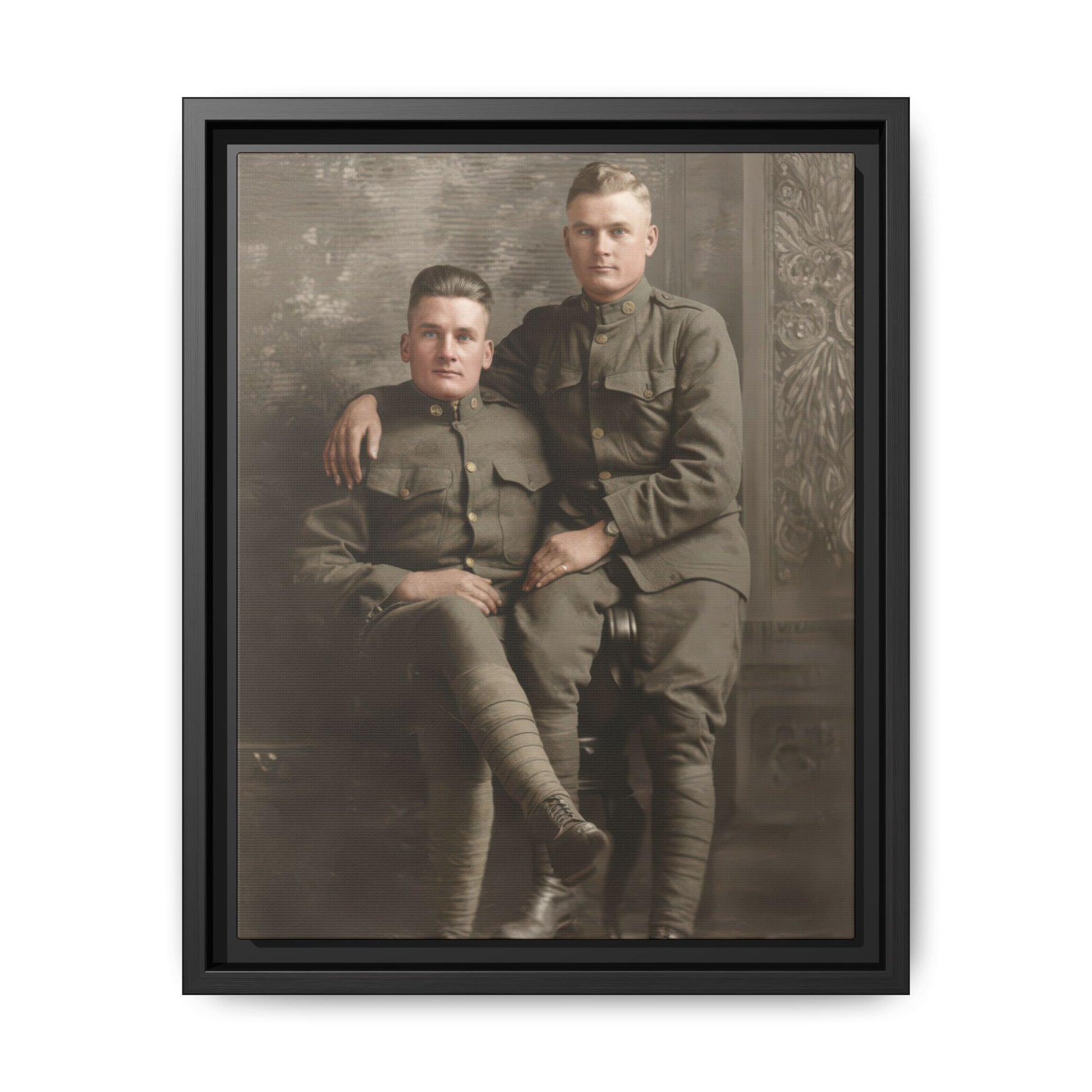 Early 20th century portrait of two uniformed men posed in formal studio setting