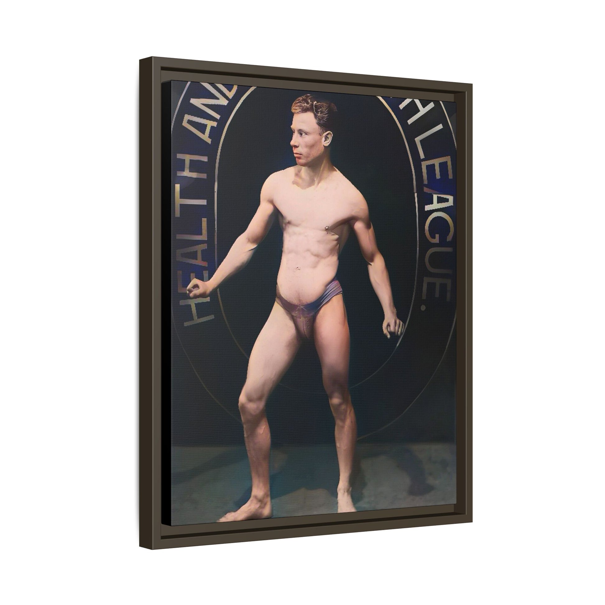 Restored vintage photo of Robert, a young bodybuilder from Manchester, UK, circa early 20th century, framed canvas.