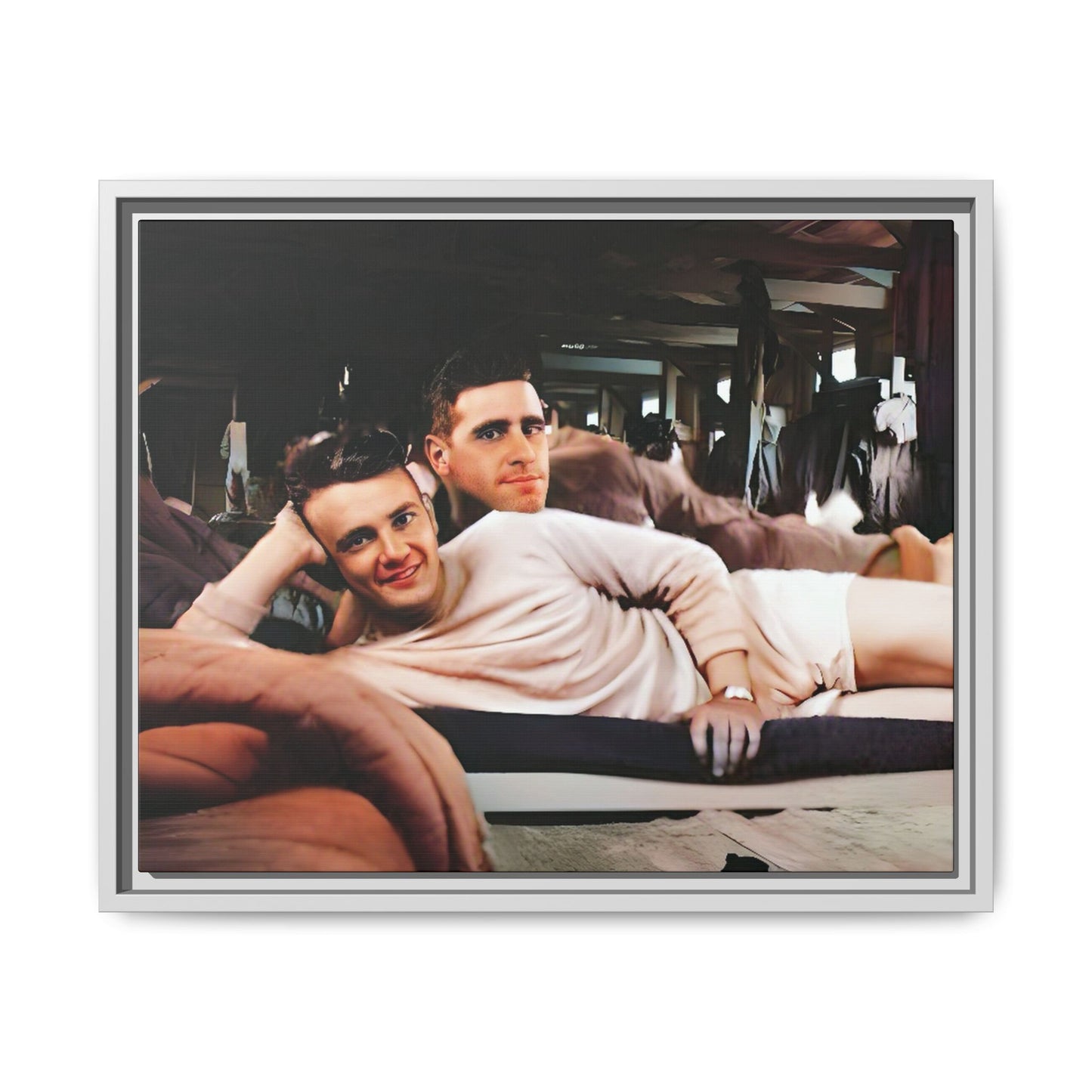 Restored 1940s photo of Jules & Seymour, a gay couple lounging together at Camp Campbell KY, framed matte canvas art.