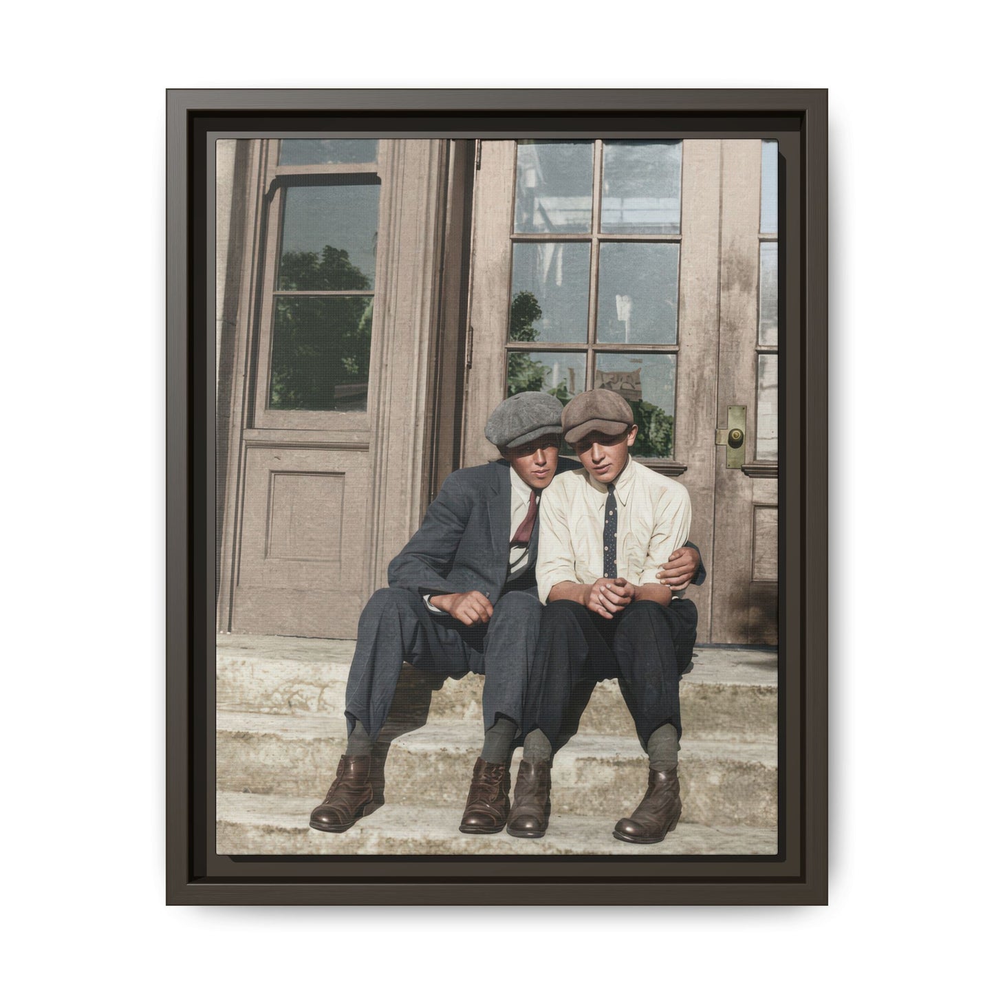 Historic photo of two men seated on steps vintage archival canvas print
