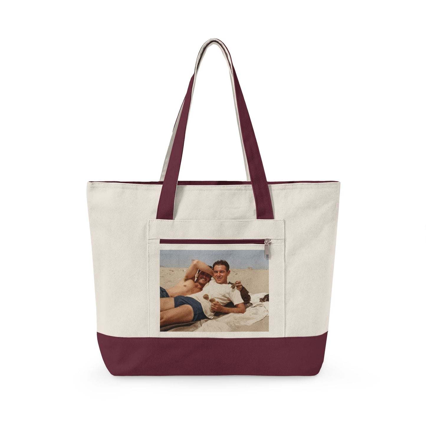 Summer beach scene zippered canvas tote bag 