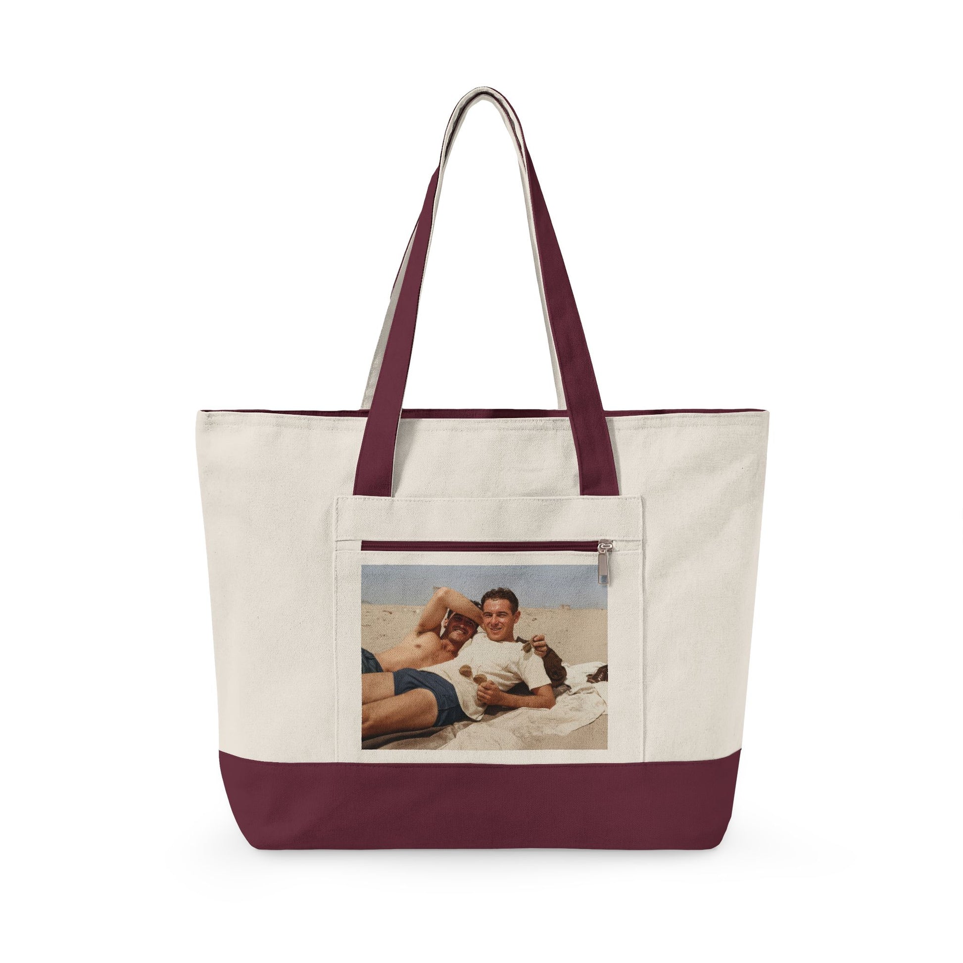 Summer beach scene zippered canvas tote bag 
