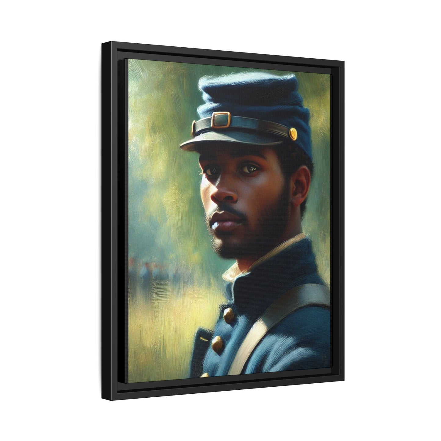 Portrait of an African American Civil War Union soldier in a kepi and navy wool coat, inspired by Walt Whitman’s Drum-Taps, honoring bravery, sacrifice, and resilience.