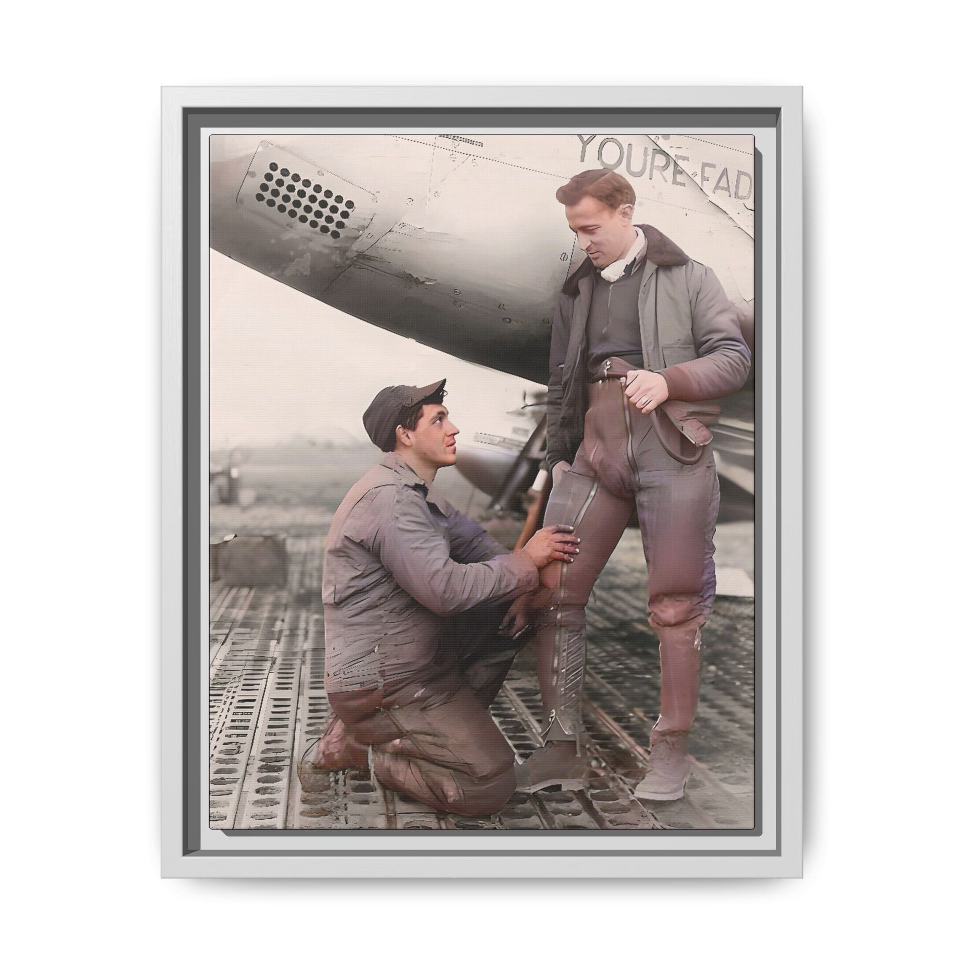 Restored vintage photo of Frank & Albert, a WWII pilot and mechanic on the USS Hornet, framed matte canvas art. US Airforce Gay Couple