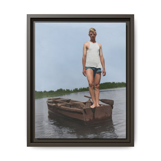 Historical boat portrait with single figure and distant tree line 