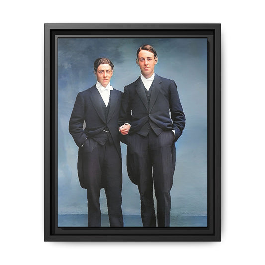 A framed vintage photo on matte canvas featuring a sophisticated LGBTQ+ couple in Rumson, NJ, capturing elegance and timeless love. Gay Formal Prom