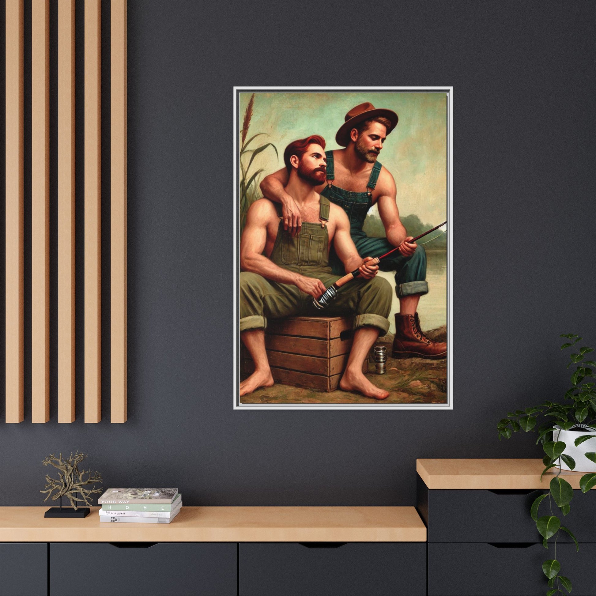 Vintage-style artwork of a gay couple fishing by a tranquil lake in the 1930s, celebrating love and nature.