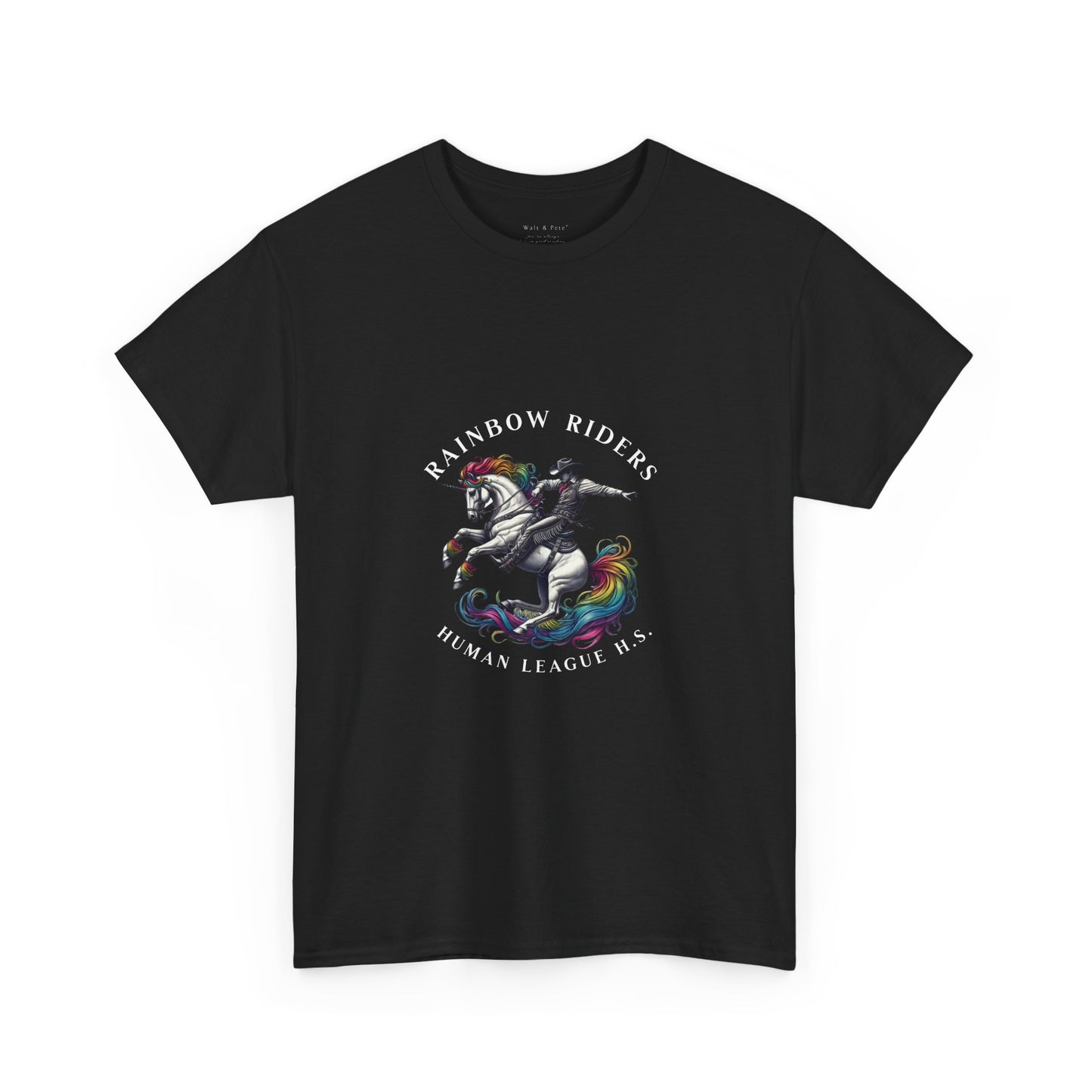 Human League High School Rainbow Riders Pride T-Shirt featuring a vibrant mascot of a unicorn with a rainbow mane and tail, symbolizing diversity, inclusion, and equality LGBTQ Gay