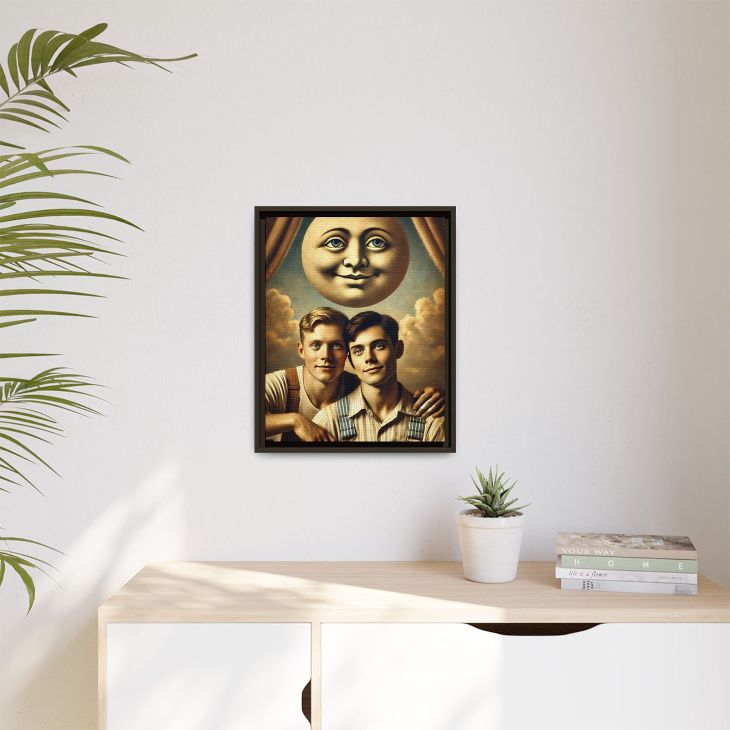 Framed matte canvas portrait featuring two young men in vintage overalls with a crescent moon prop above them. This artwork from the Missing Art Studies series reclaims LGBTQ+ imagery that may have been lost to bias, presenting warmth, intimacy, and presence.