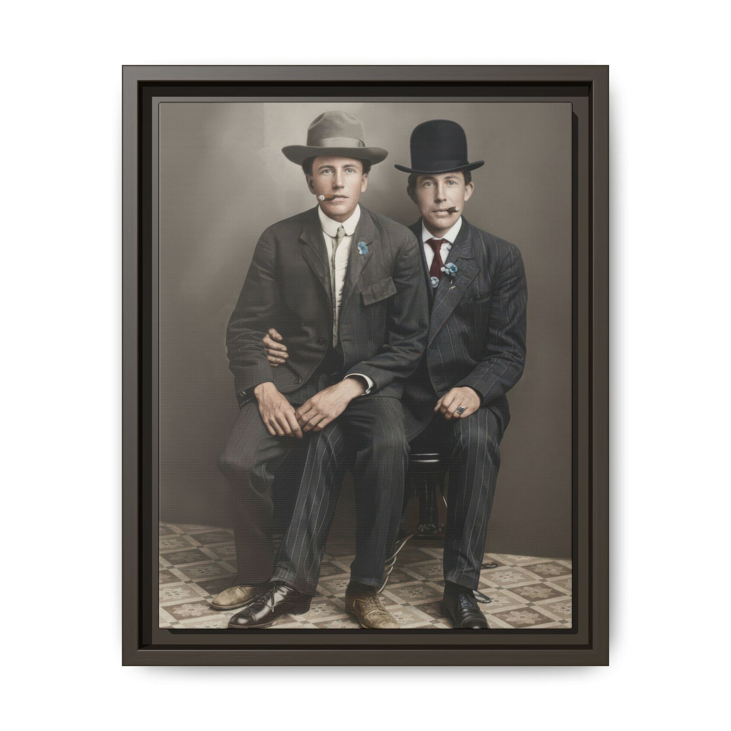Historical studio portrait showing two seated figures in tailored striped suits and formal hats