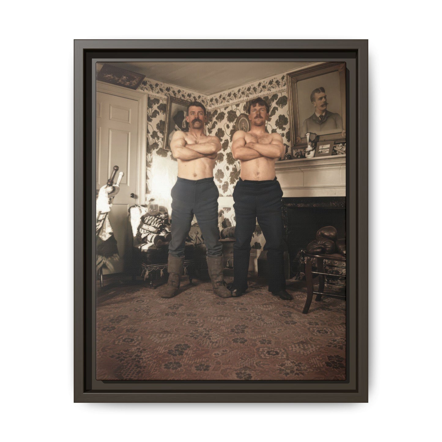 Historical domestic photograph reproduced as archival canvas wall art with two figures and sporting details 