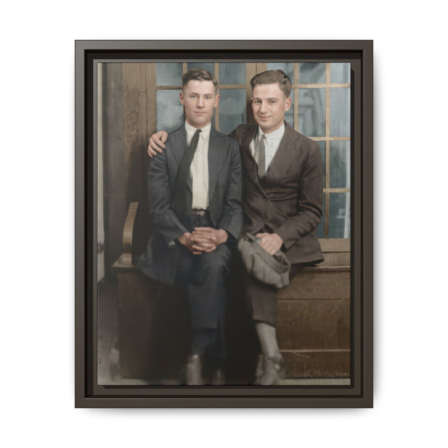 Early 20th century formal portrait with window backdrop historical wall decor