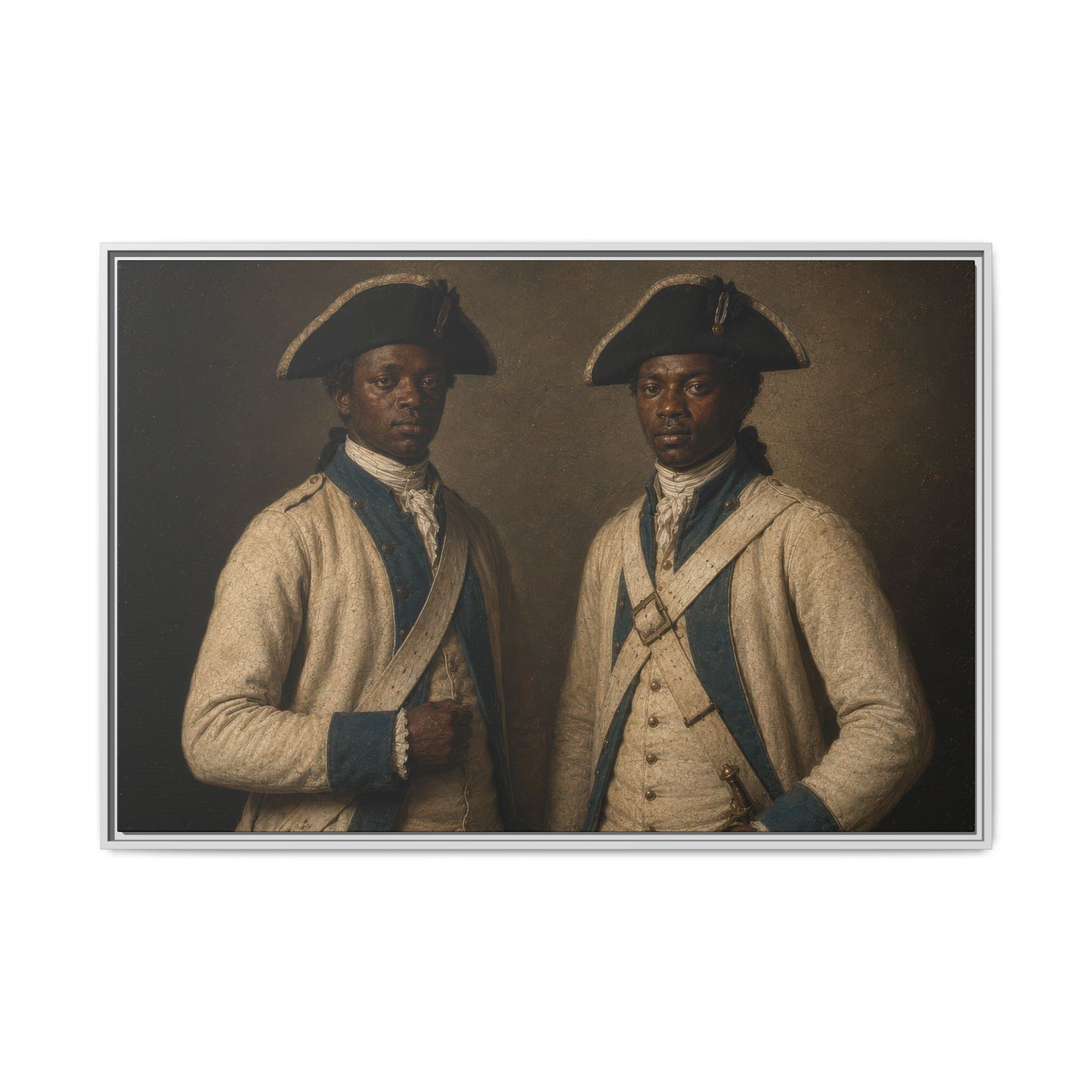 Companions of Liberty framed canvas depicting two French allied soldiers in late eighteenth-century military dress.