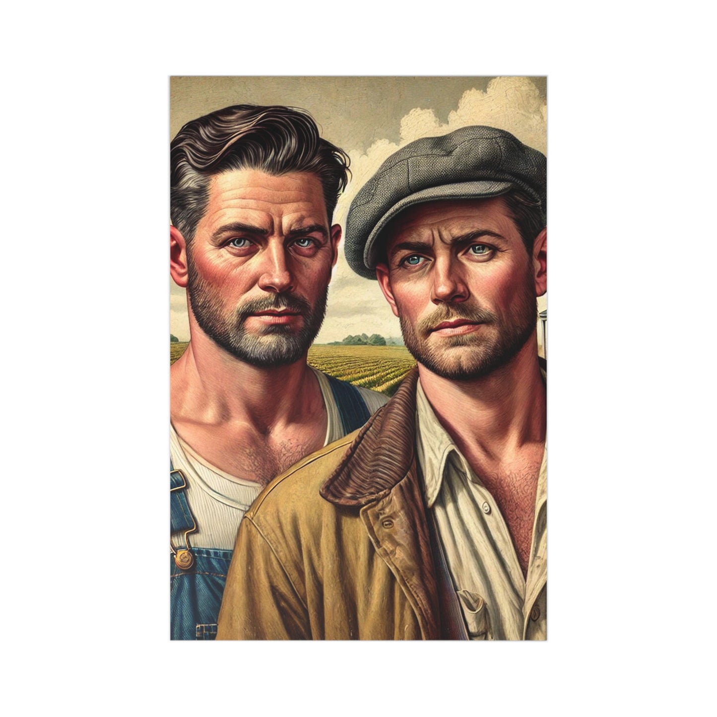 Vintage-style postcard set featuring a heartfelt portrayal of a male couple in a rural American landscape, inspired by Grant Wood.