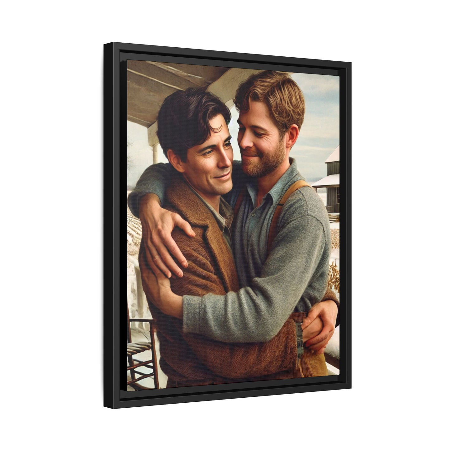 Artwork of a tender moment between two men embracing on a rustic farm porch in 1930s-style clothing. Set against a snowy, vintage rural backdrop, this image captures LGBTQ+ love and connection with a nostalgic Americana feel