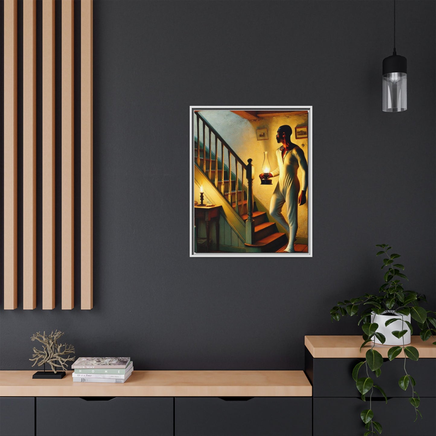 Framed artwork of an African-American man holding a lantern on a staircase, inspired by Grant Wood's style.