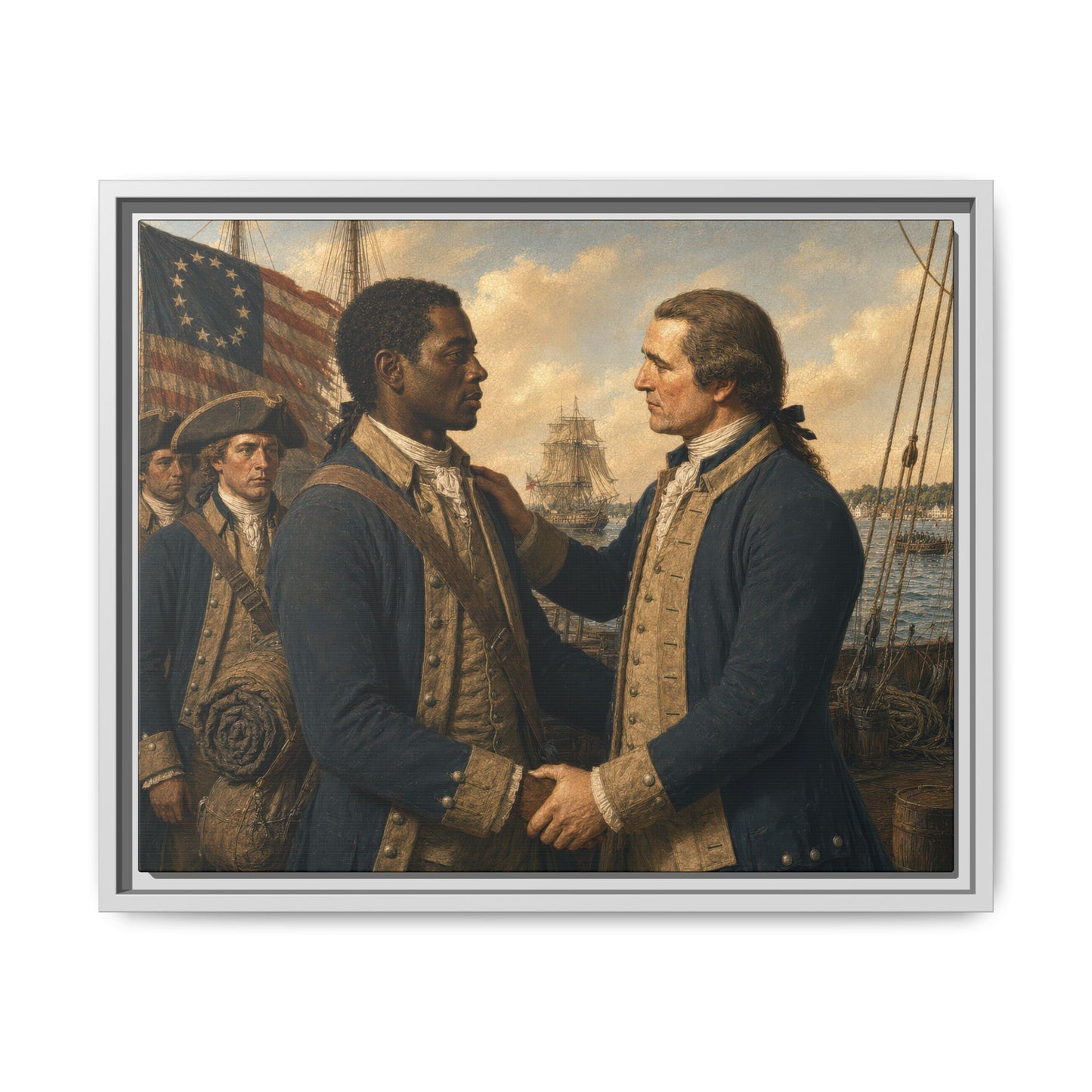Historically inspired Revolutionary War canvas showing Black and white Continental soldiers at a colonial dock with naval vessels and military companions in the background.