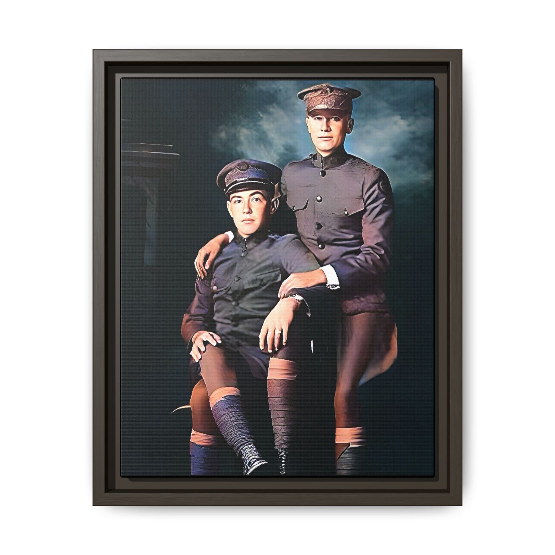 Restored WWI-era photo of Frederick & Hugh, gay soldiers seated together in Providence, Rhode Island, framed canvas art.