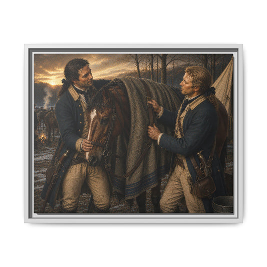 Museum-inspired historical portrait showing two Revolutionary War soldiers caring for a cavalry horse in a military encampment.