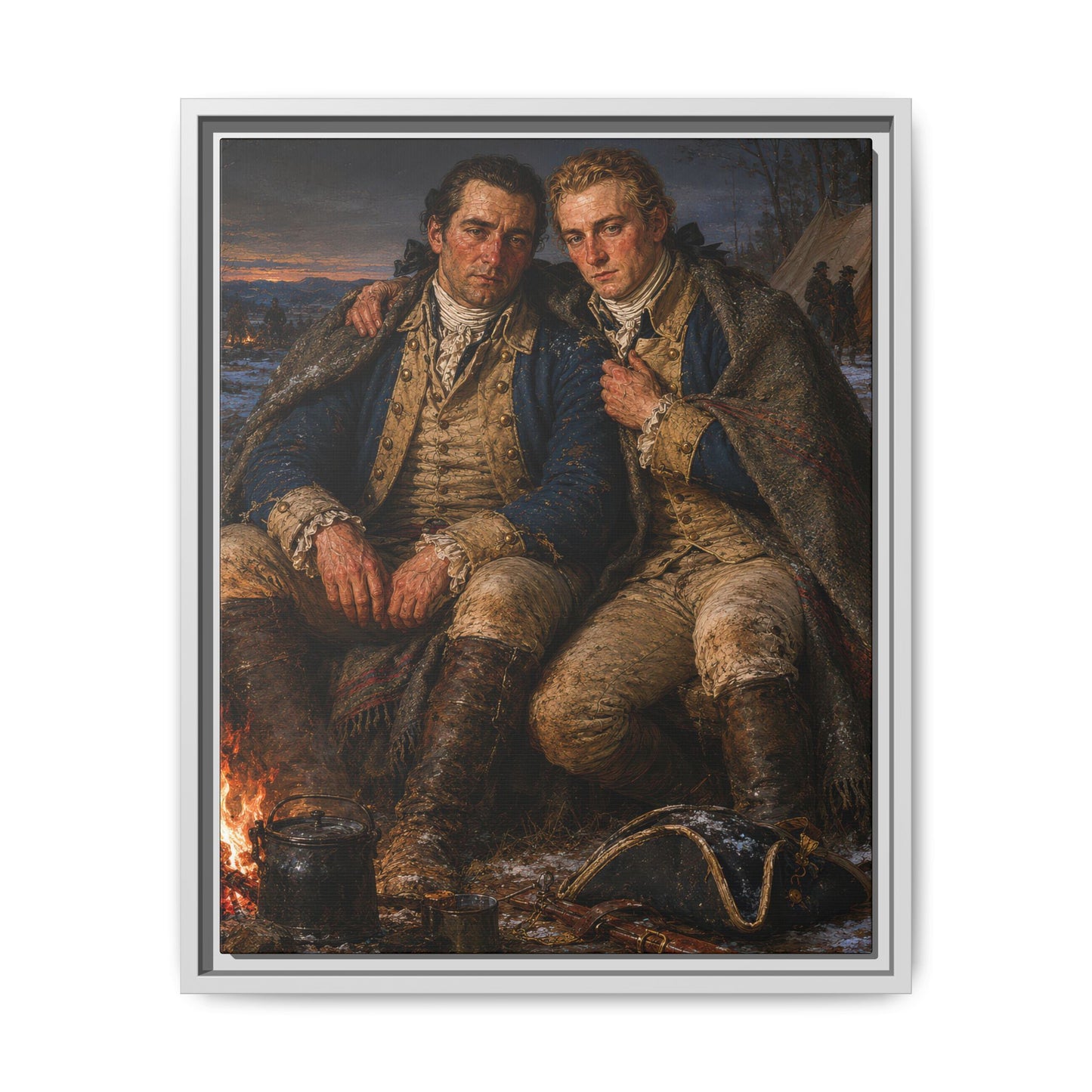 Historical framed canvas depicting Continental Army soldiers warming themselves at a winter military encampment with tents and campfires beyond