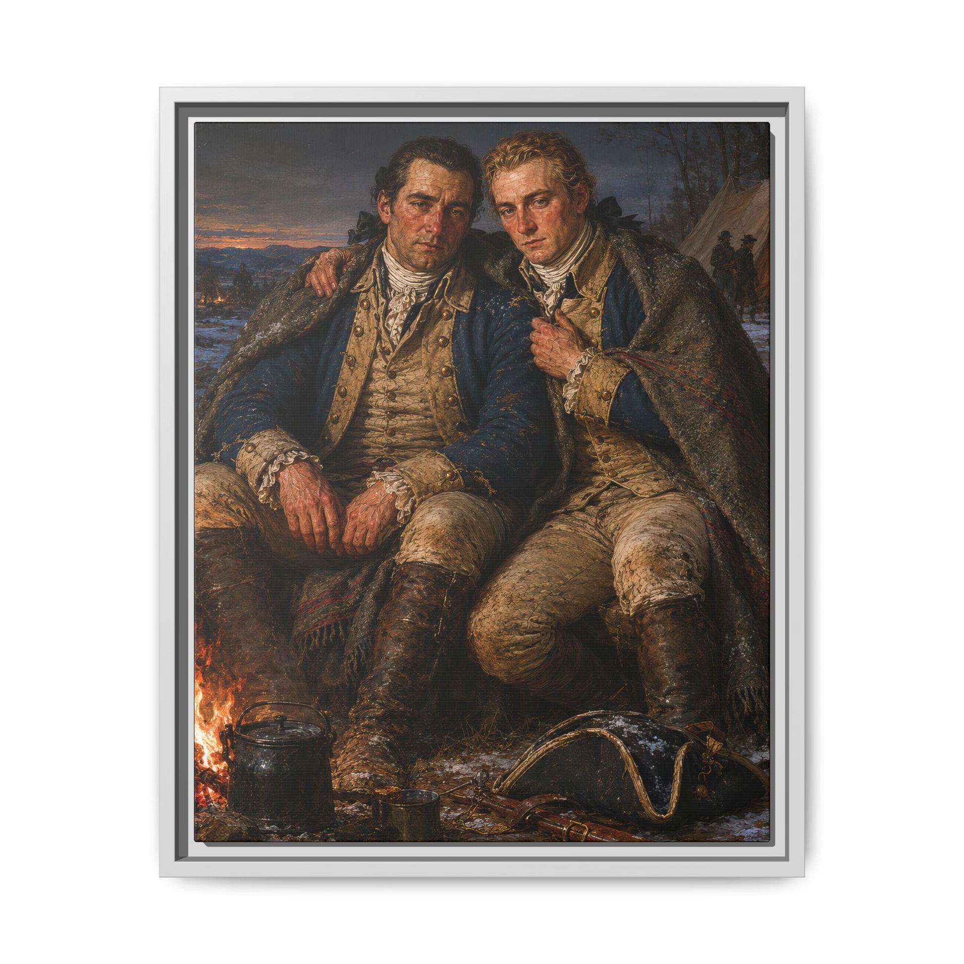 Historical framed canvas depicting Continental Army soldiers warming themselves at a winter military encampment with tents and campfires beyond