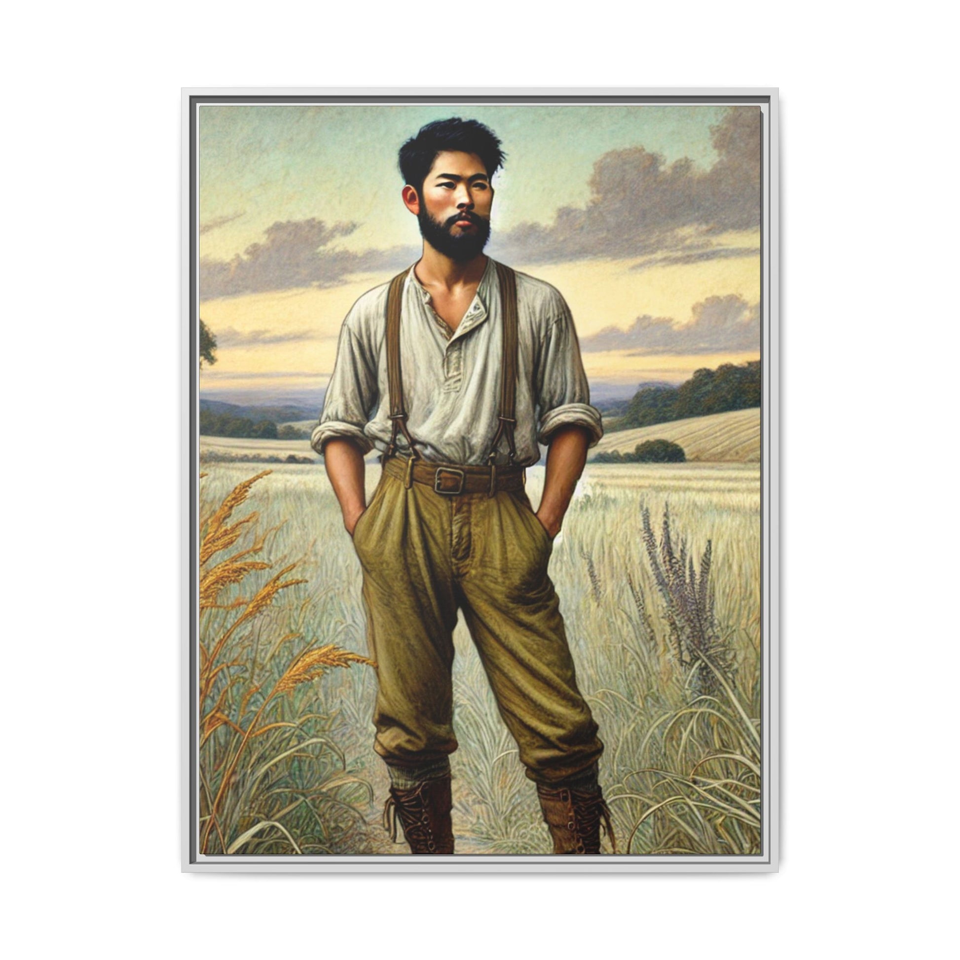 Framed artwork of an Asian-American farmer in 19th-century attire, inspired by Walt Whitman’s Leaves of Grass and Song of Myself, set against a serene rural backdrop of golden wheat fields and rolling hills.