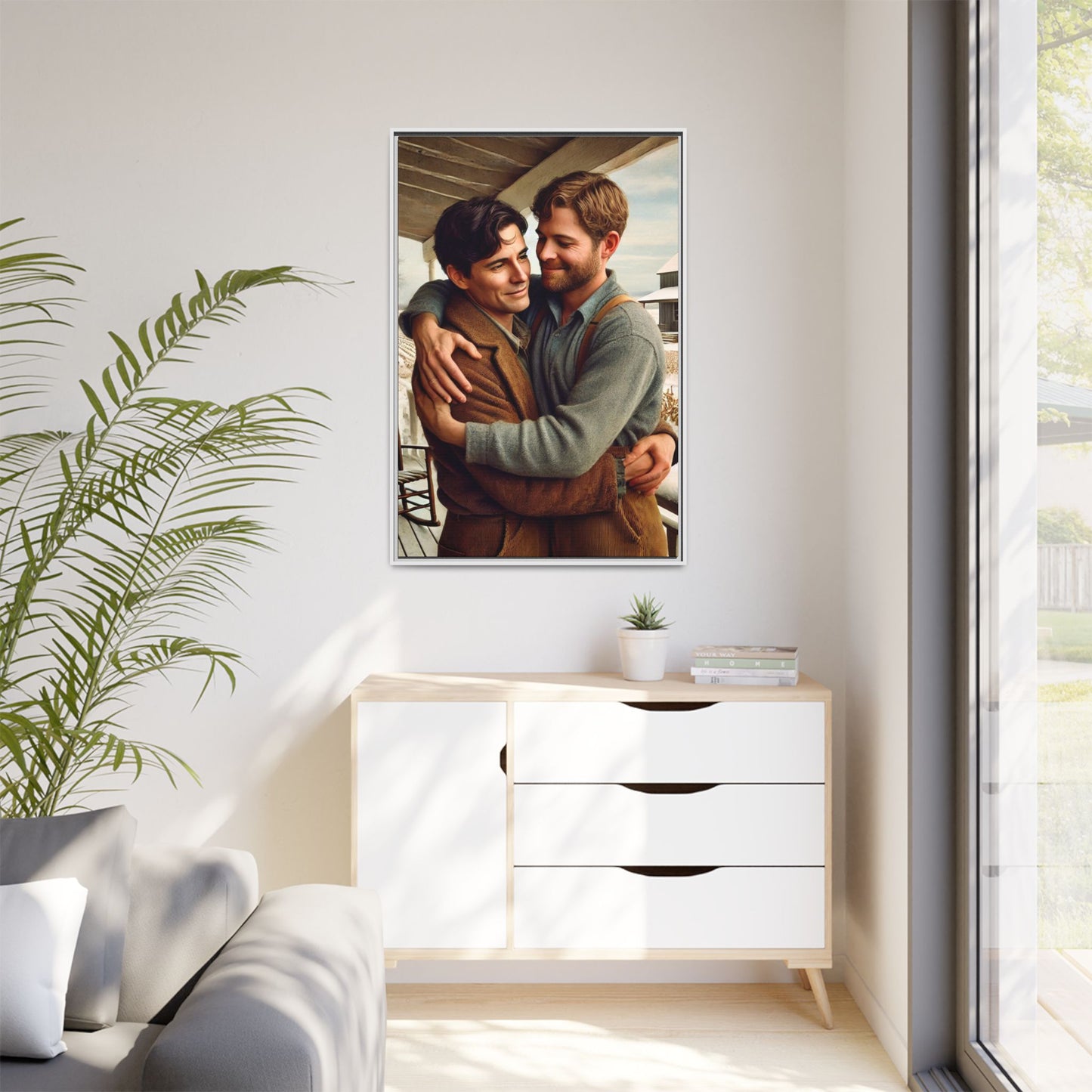 Artwork of a tender moment between two men embracing on a rustic farm porch in 1930s-style clothing. Set against a snowy, vintage rural backdrop, this image captures LGBTQ+ love and connection with a nostalgic Americana feel