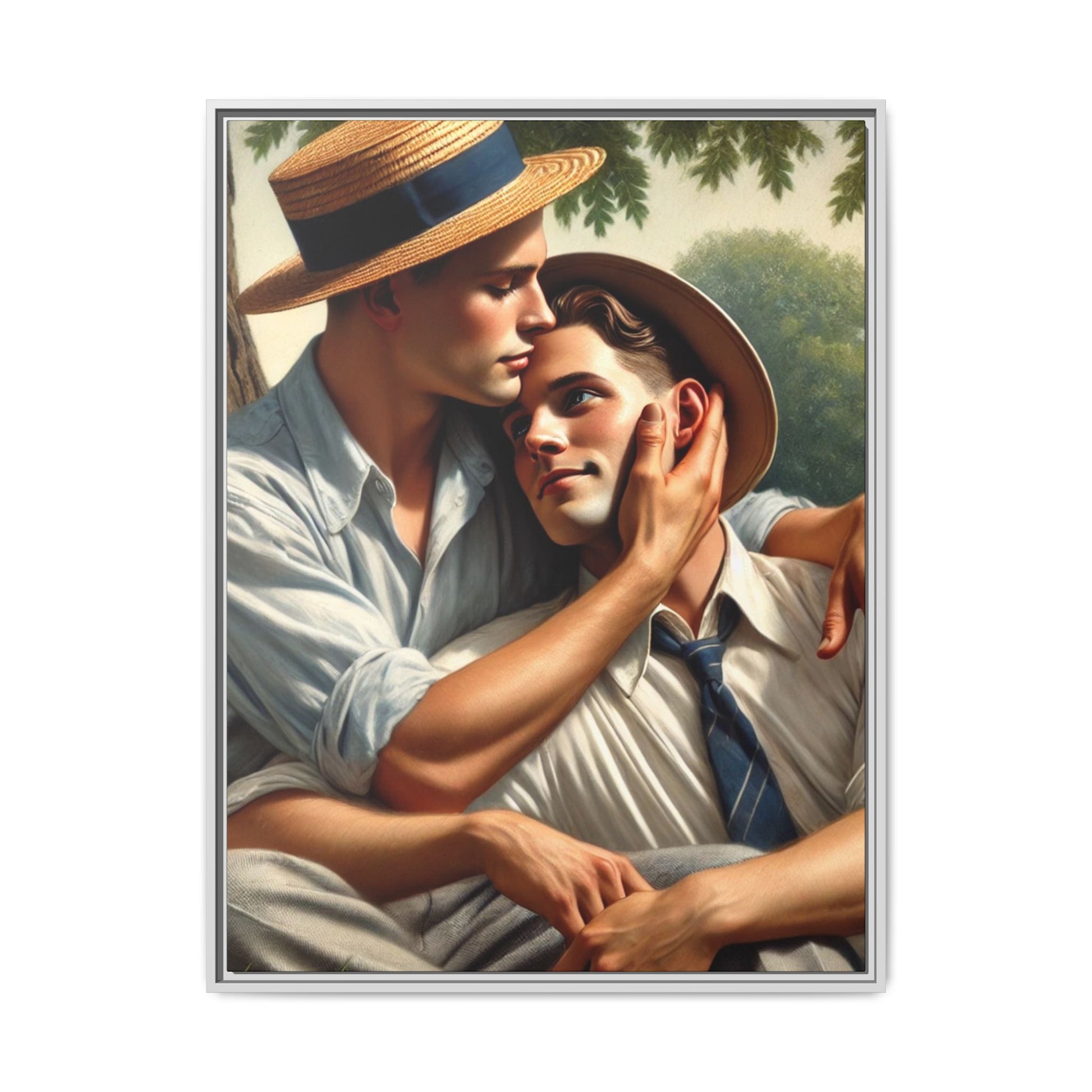 Vintage-style artwork of a gay couple in a sunlit meadow, sharing an affectionate moment in the 1930s