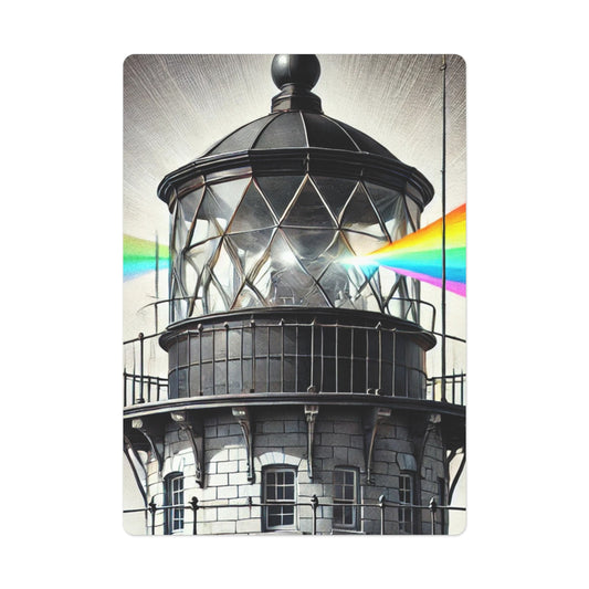 Custom design of a lighthouse emitting a radiant rainbow beam, symbolizing hope, safety, and inclusivity. The artwork represents guidance and the promotion of LGBTQ+ equality, featured on a premium poker card design.