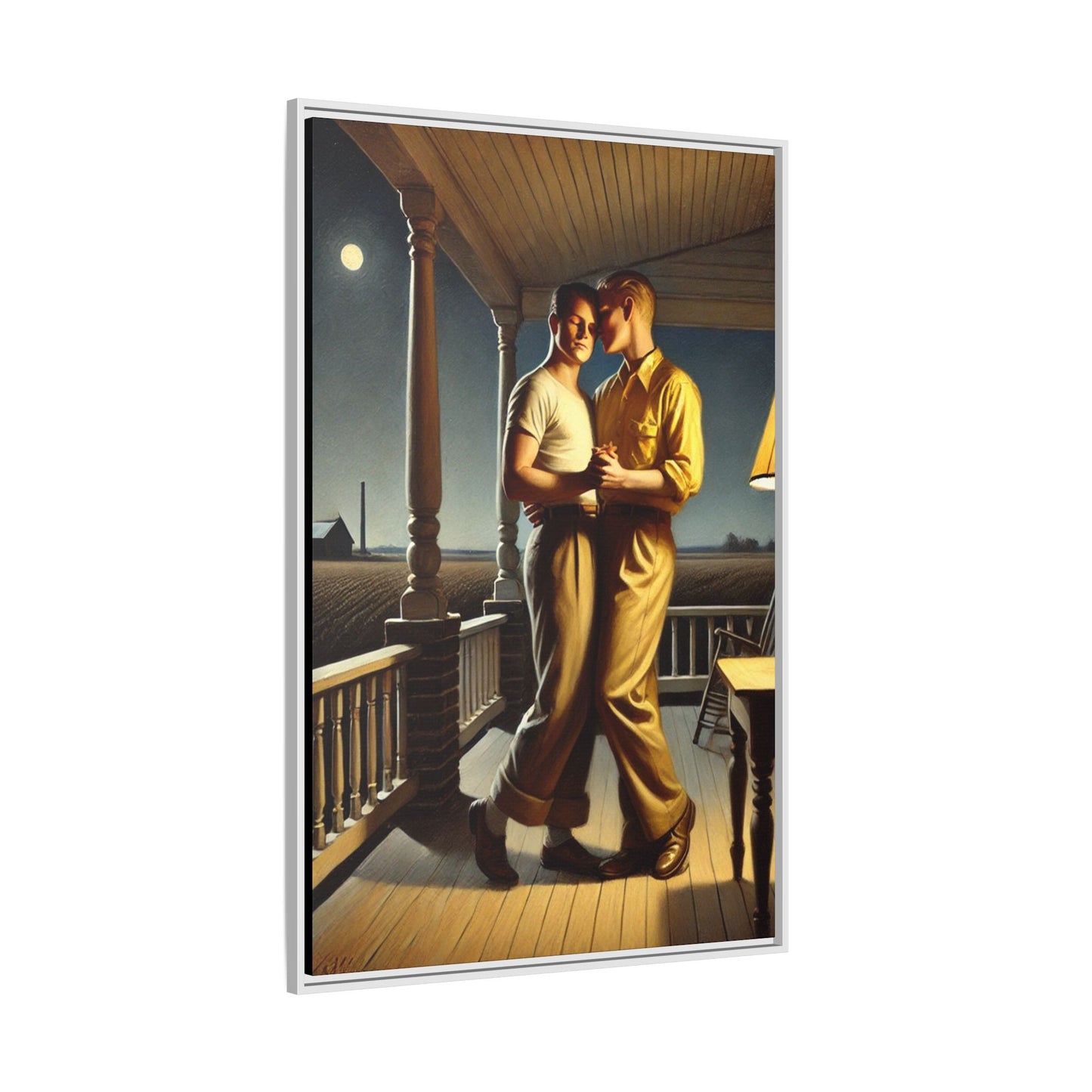 Artwork of a gay couple standing on a farmhouse porch under the moonlight, inspired by Grant Wood’s style.