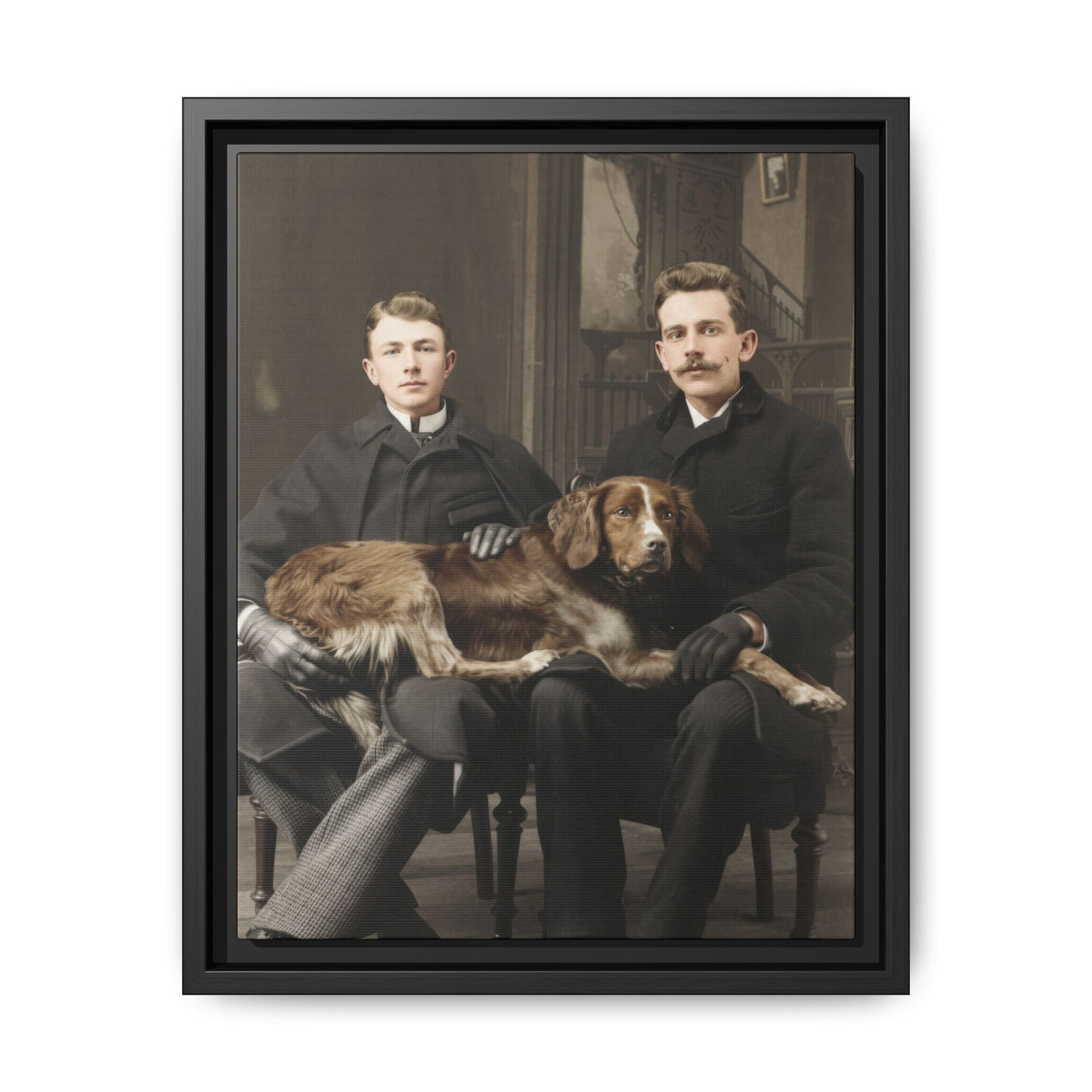 Early 20th century double portrait with dog vintage photograph canvas wall art