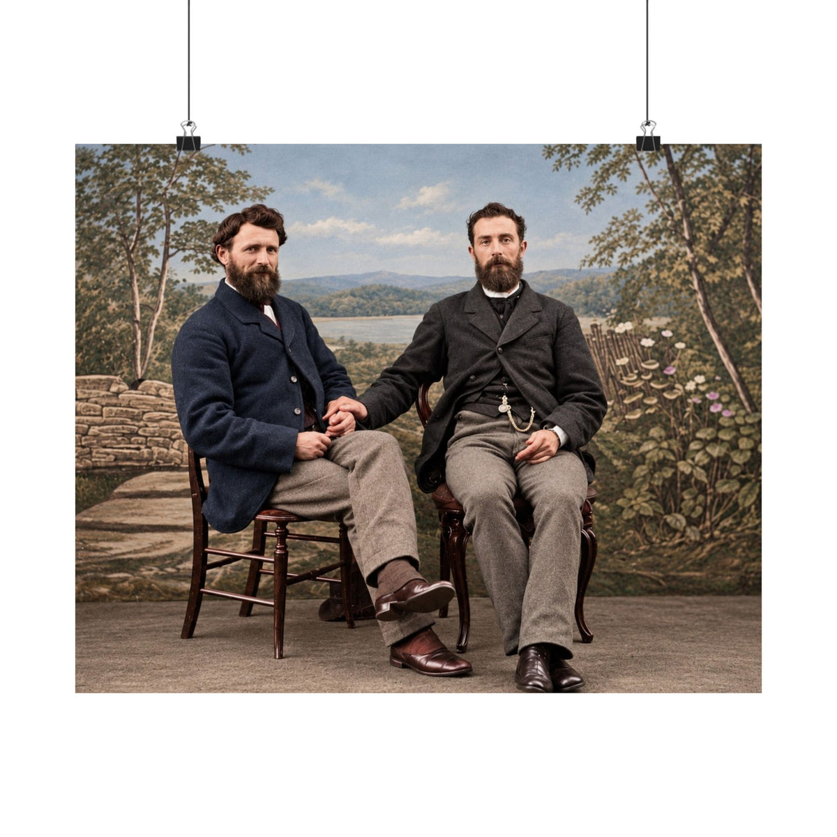 Two bearded Victorian men sit on wooden chairs holding hands, dressed in dark jackets and waistcoats before a painted landscape.