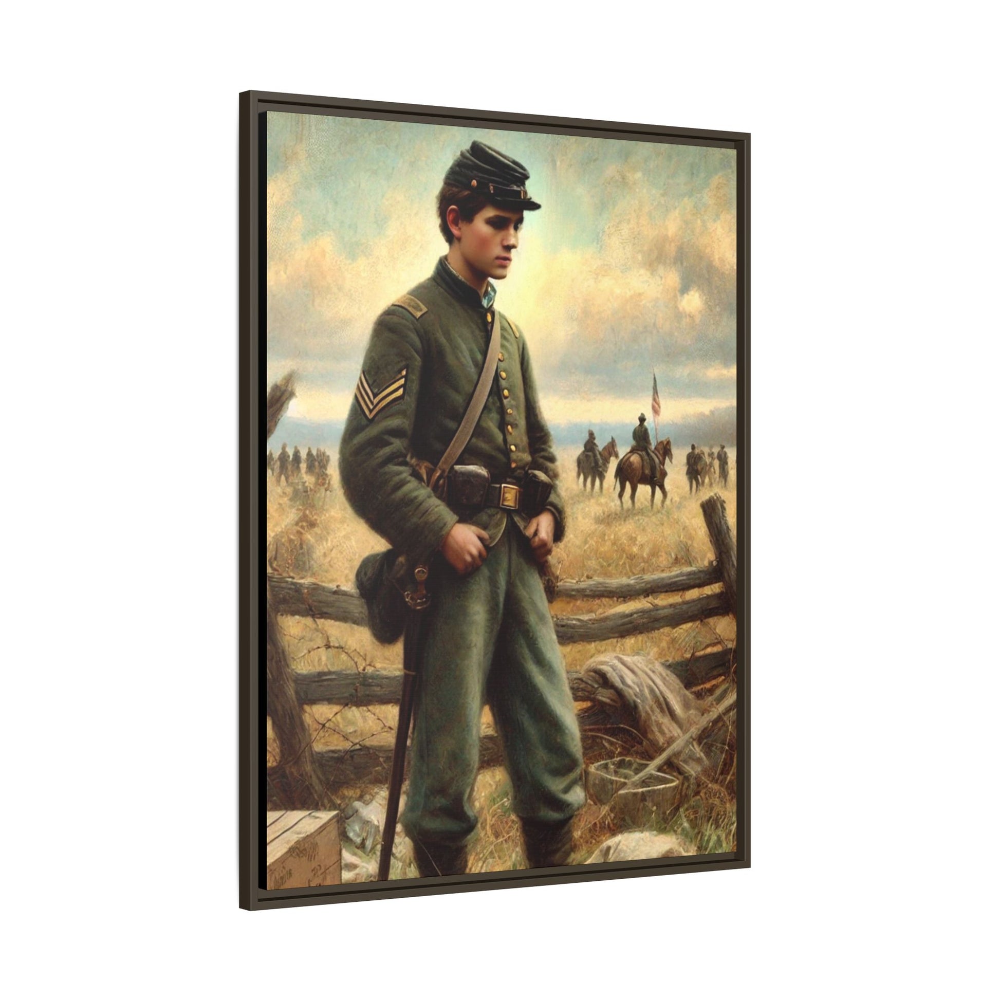 Framed artwork of a young Civil War Union soldier inspired by Walt Whitman’s Drum-Taps poems and Grant Wood's style, depicting battlefield sacrifice, humanity, and historical charm.