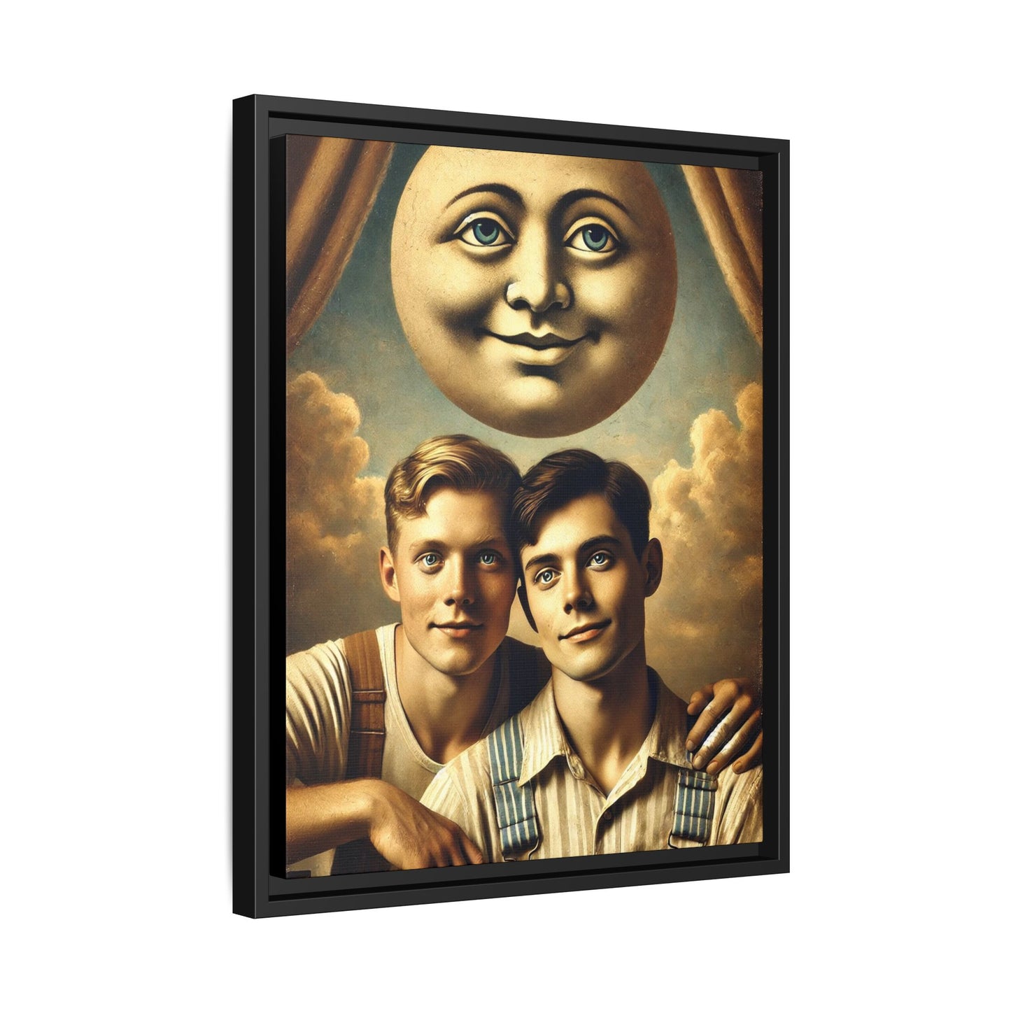 Framed matte canvas portrait featuring two young men in vintage overalls with a crescent moon prop above them. This artwork from the Missing Art Studies series reclaims LGBTQ+ imagery that may have been lost to bias, presenting warmth, intimacy, and presence.